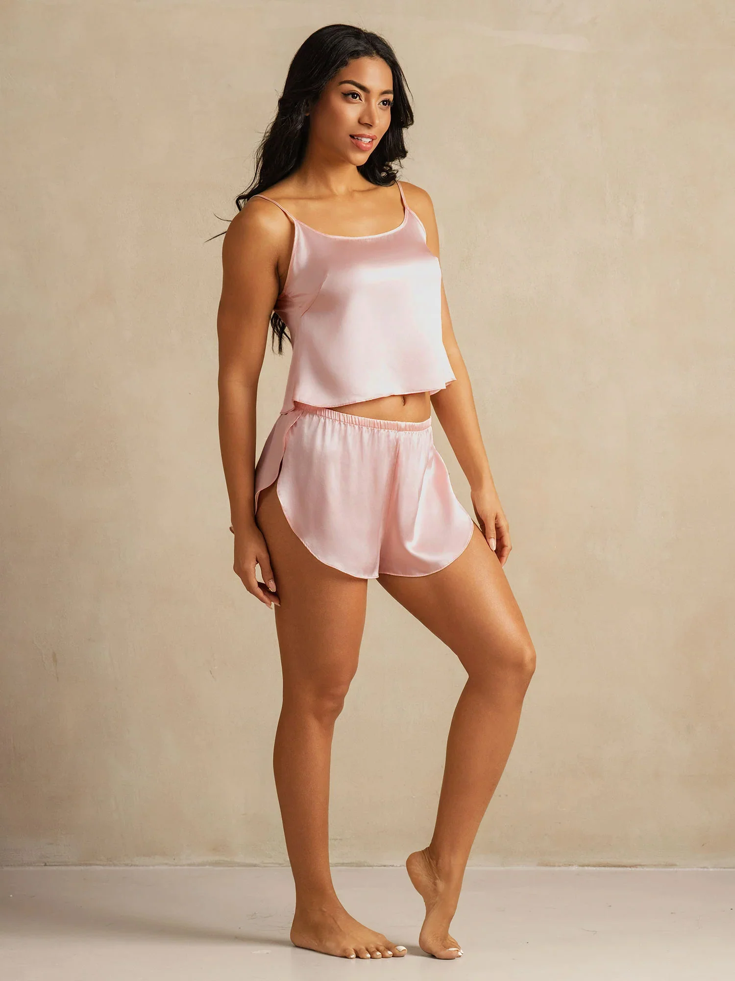 Pure Silk Spaghetti Strap Round Neck Above the Knee Camisole Set with Split Design - Image 17
