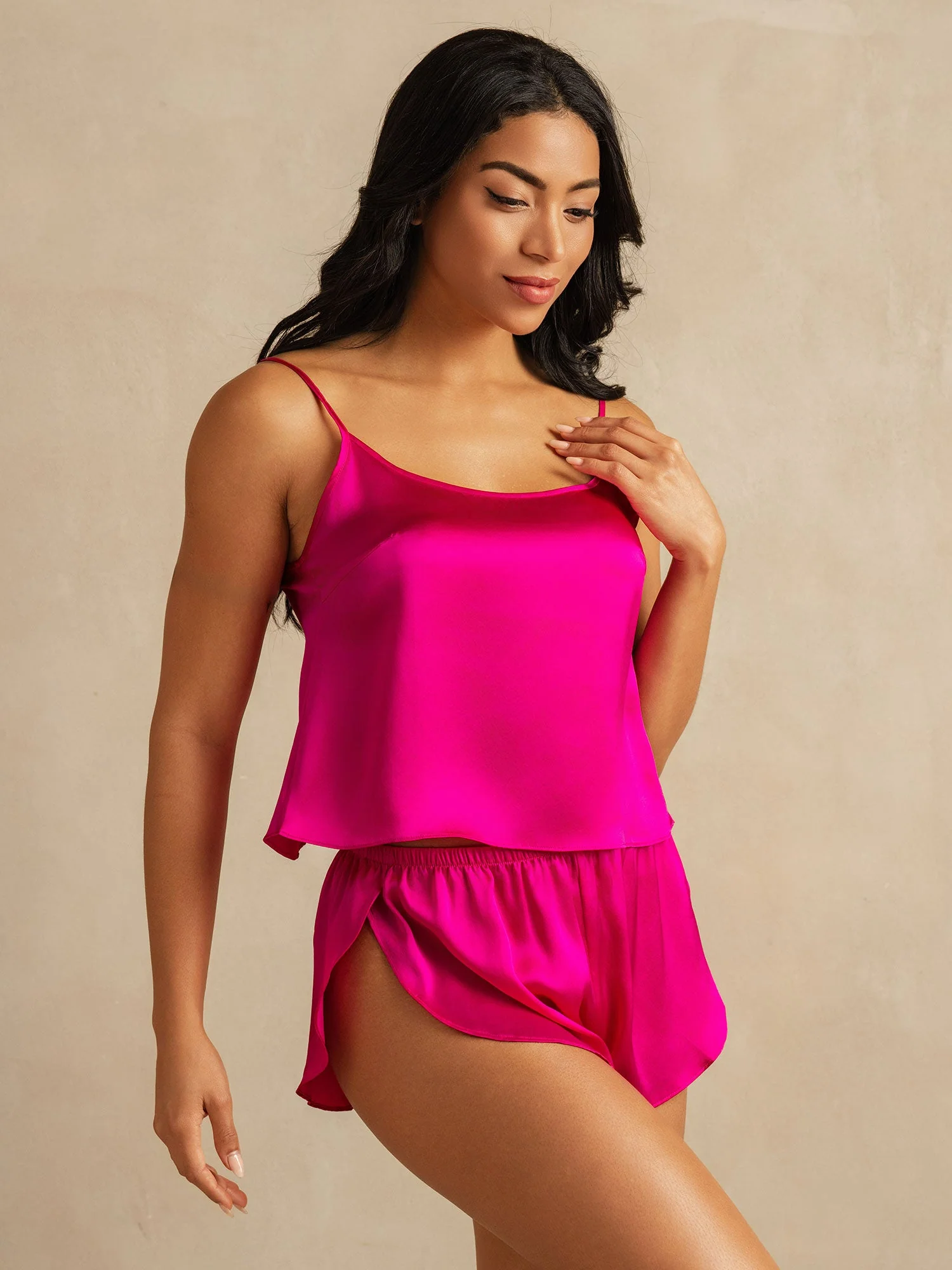 Pure Silk Spaghetti Strap Round Neck Above the Knee Camisole Set with Split Design - Image 21