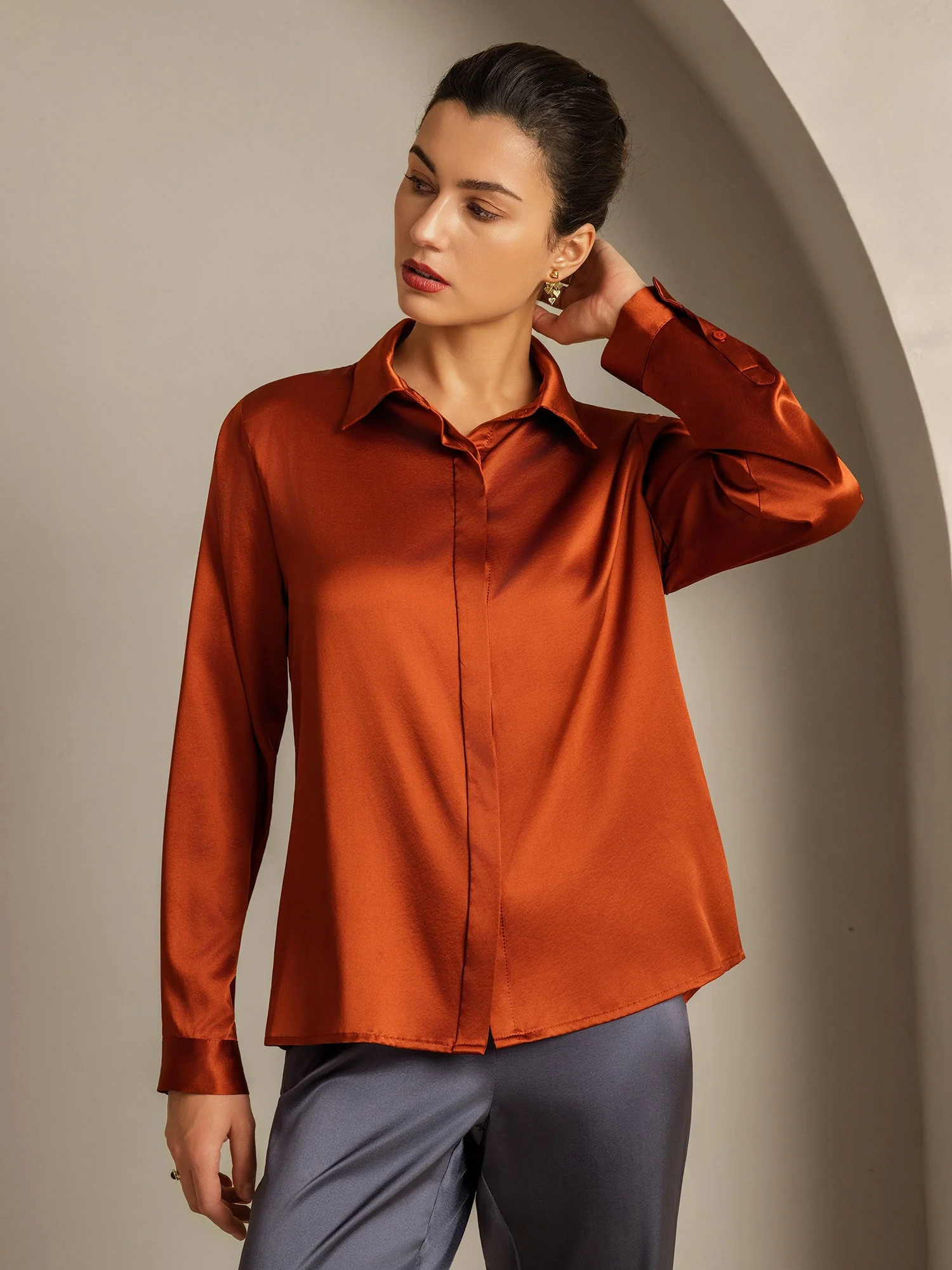 19Momme Silk Long Sleeve Lapel Collar Women's Shirt - Image 10