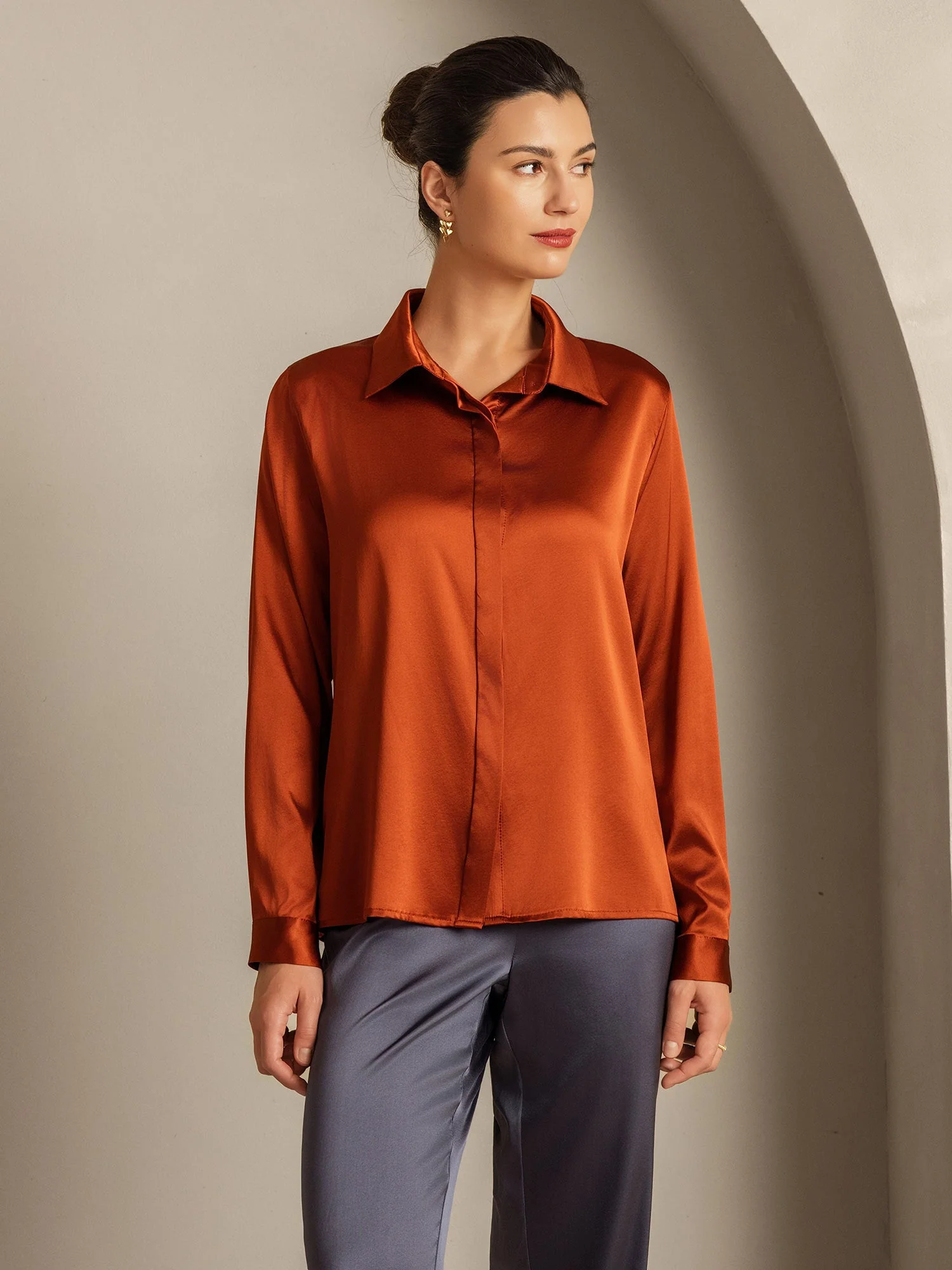 19Momme Silk Long Sleeve Lapel Collar Women's Shirt - Image 11
