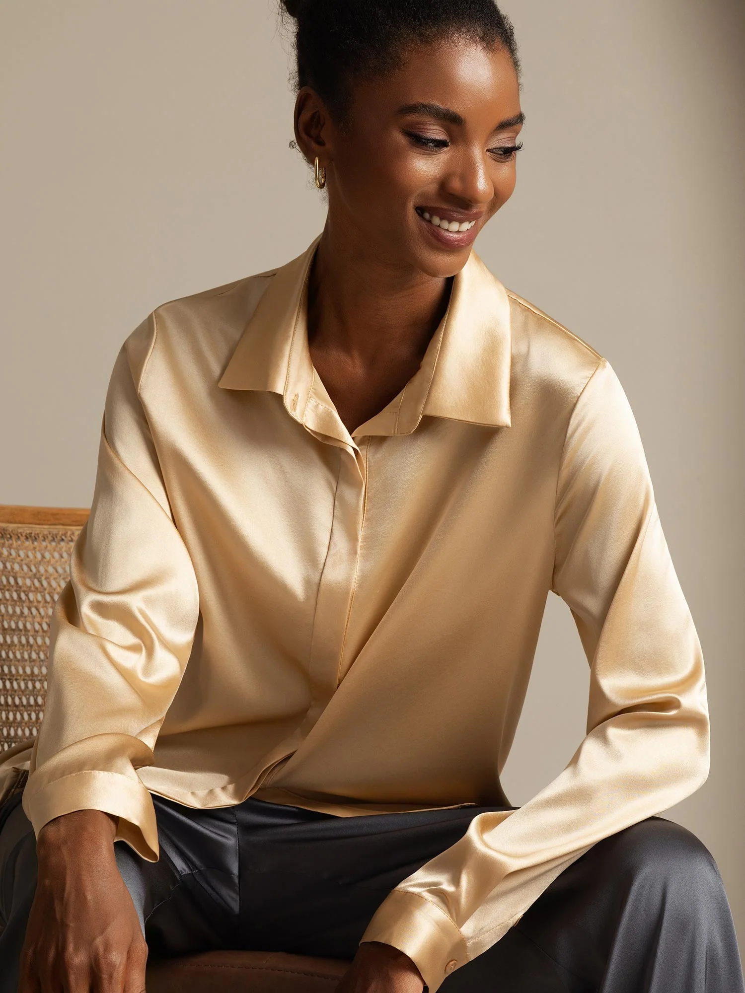 19Momme Silk Long Sleeve Lapel Collar Women's Shirt - Image 17