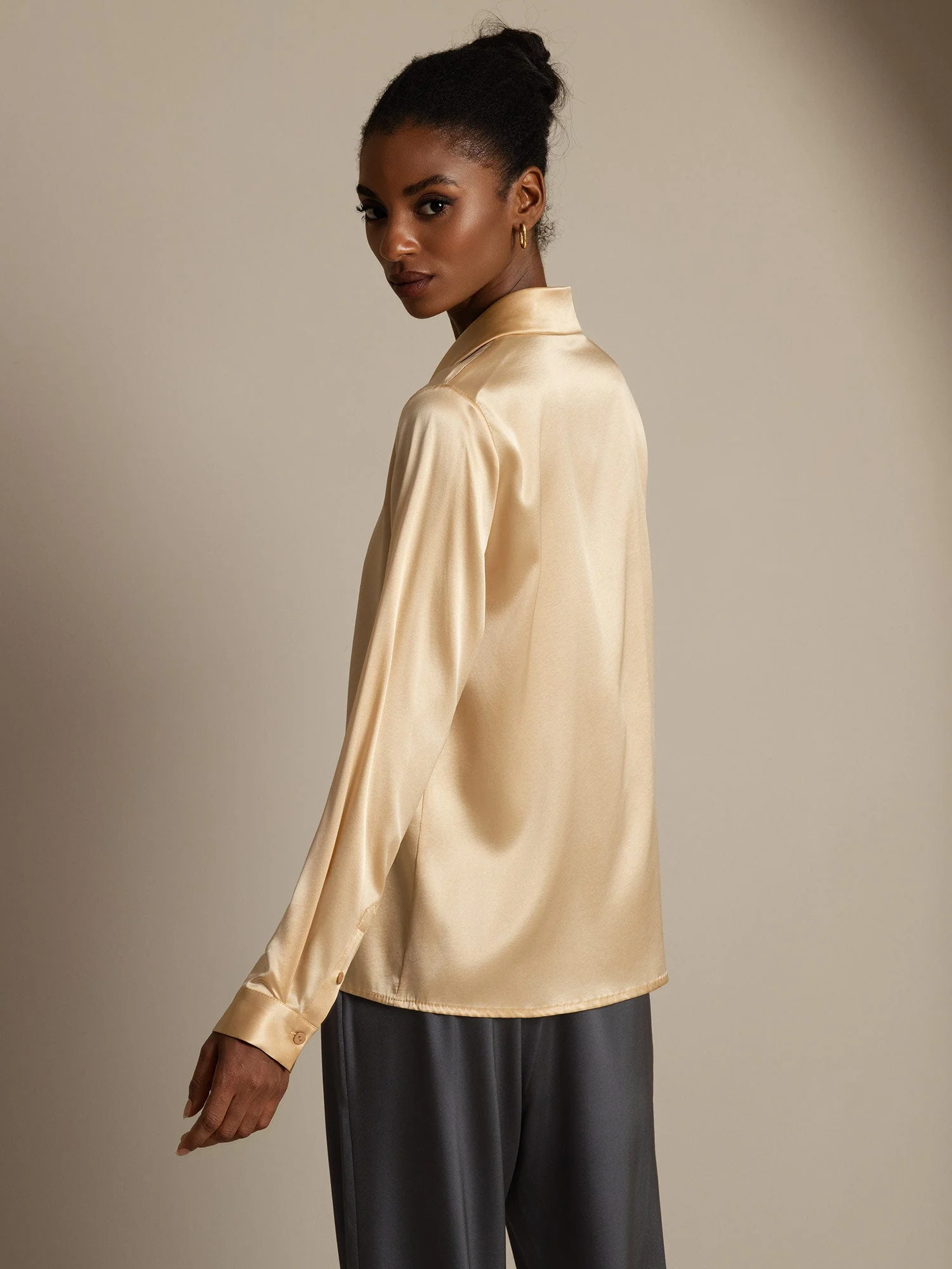 19Momme Silk Long Sleeve Lapel Collar Women's Shirt - Image 18