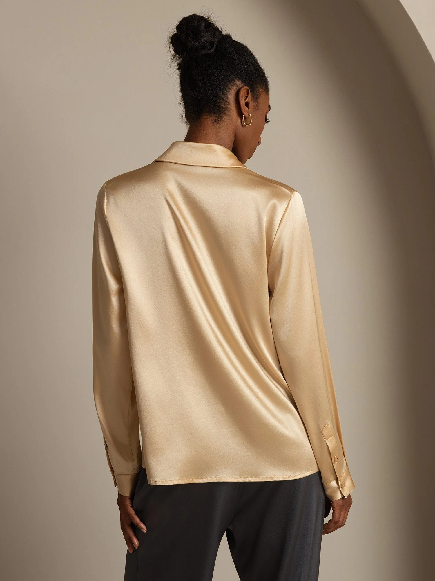 19Momme Silk Long Sleeve Lapel Collar Women's Shirt - Image 19