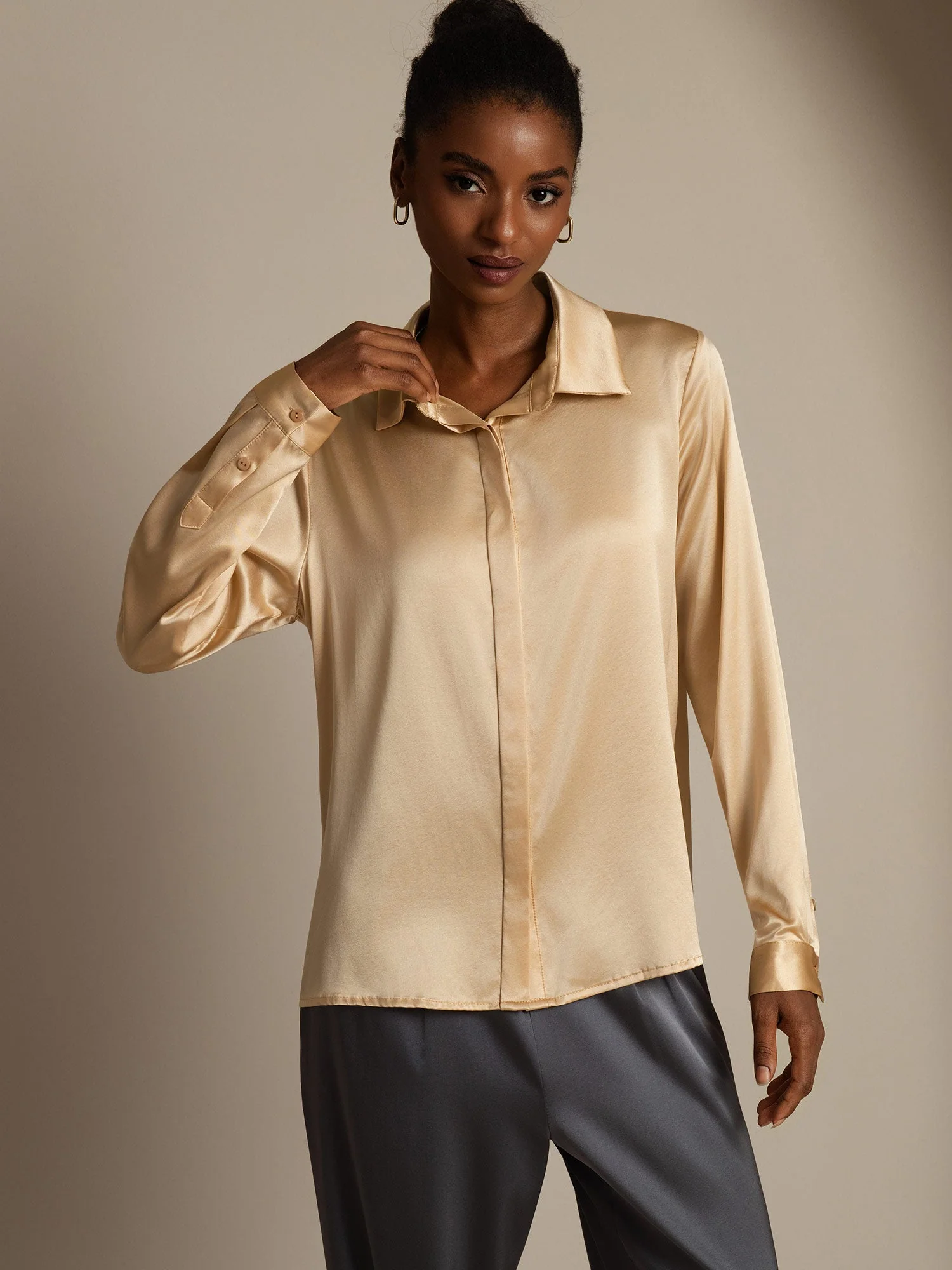 19Momme Silk Long Sleeve Lapel Collar Women's Shirt - Image 20