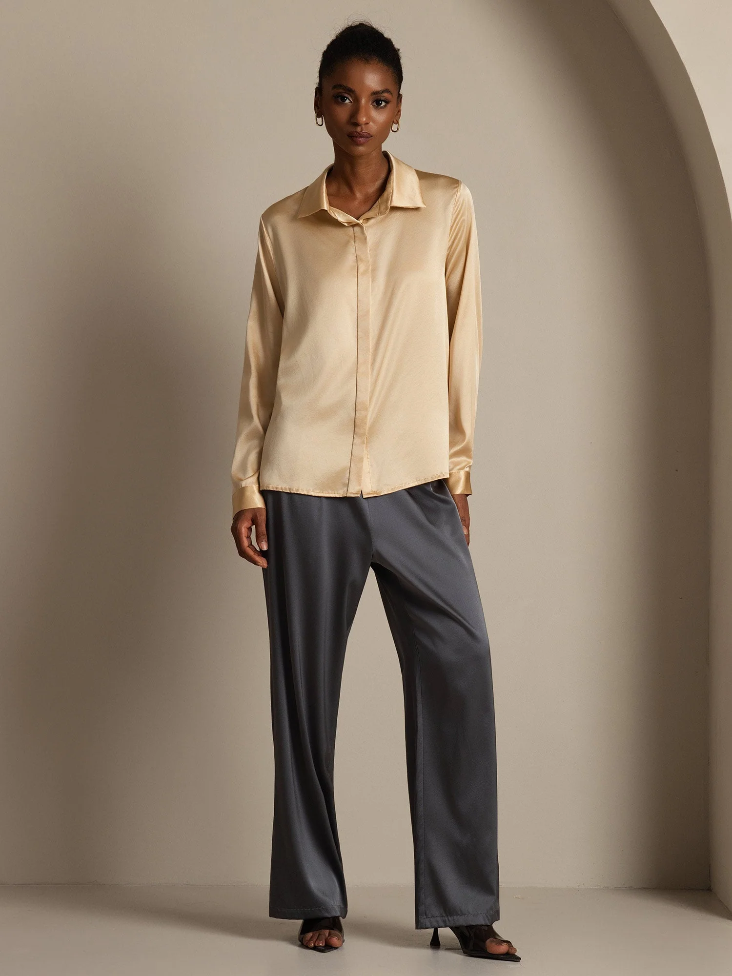19Momme Silk Long Sleeve Lapel Collar Women's Shirt - Image 24