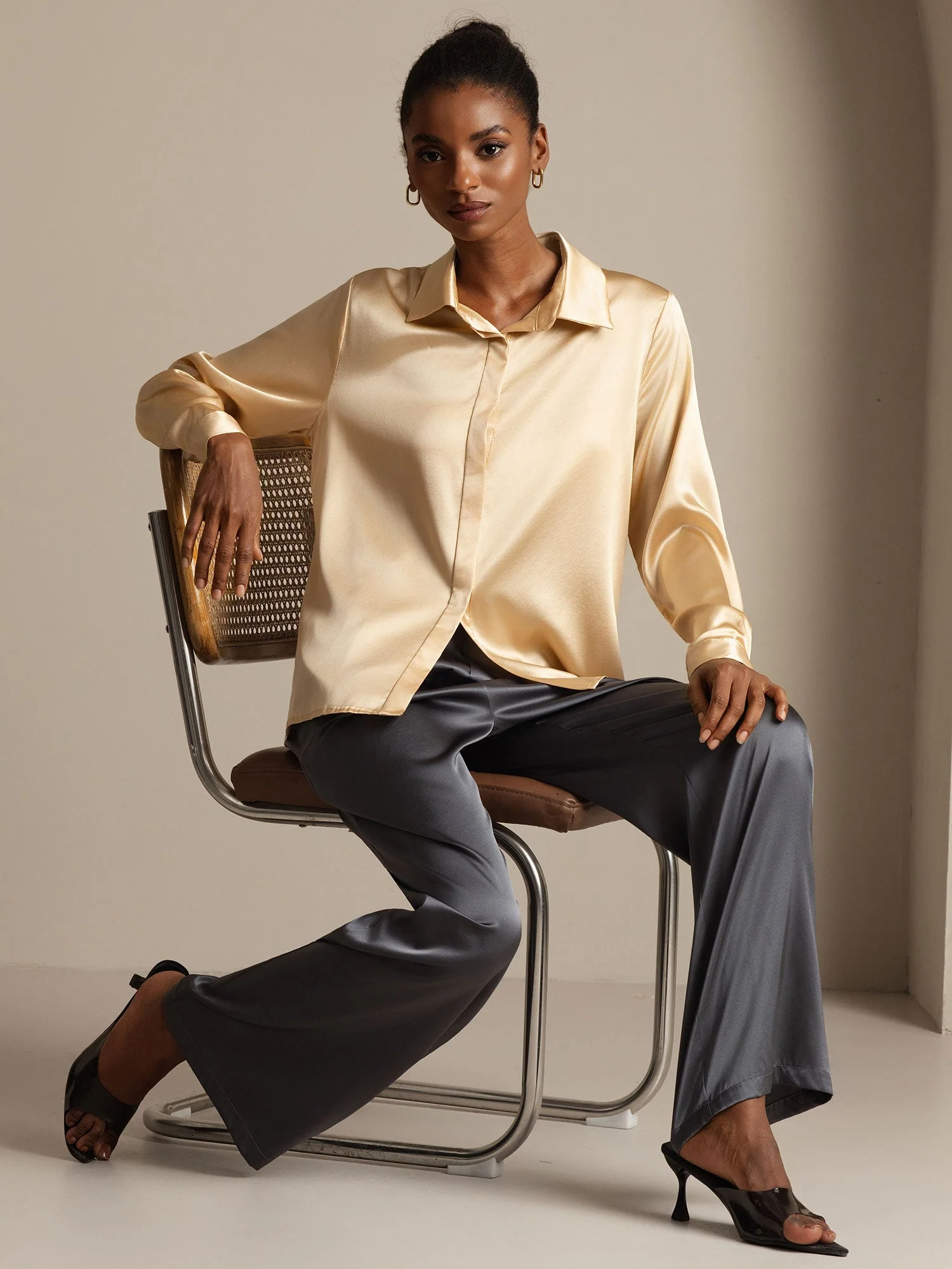 19Momme Silk Long Sleeve Lapel Collar Women's Shirt - Image 25