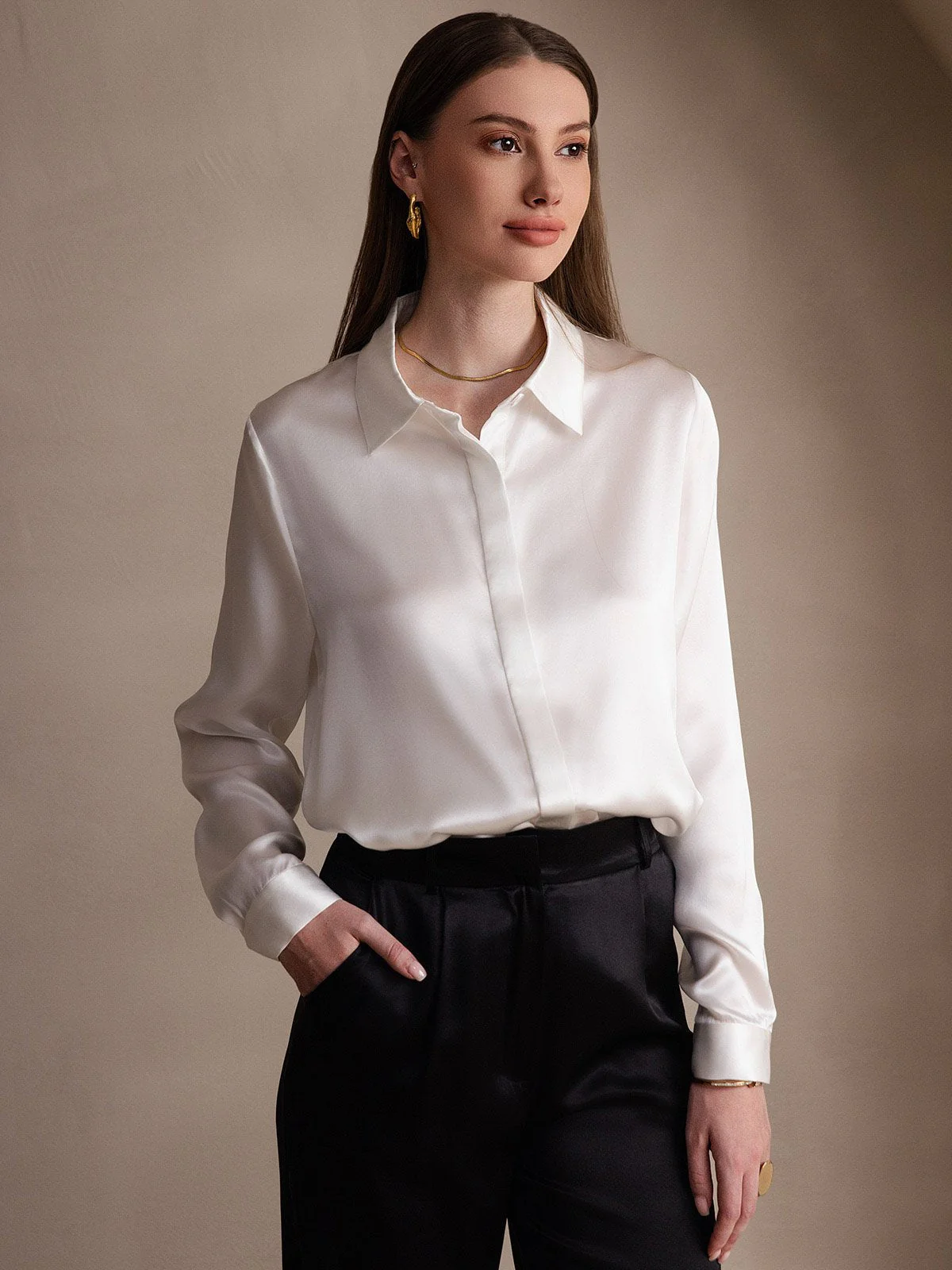 19Momme Silk Long Sleeve Lapel Collar Women's Shirt - Image 26