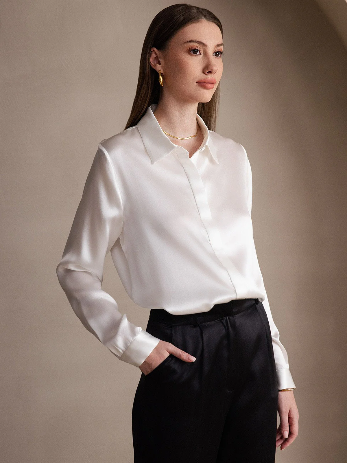 19Momme Silk Long Sleeve Lapel Collar Women's Shirt - Image 29