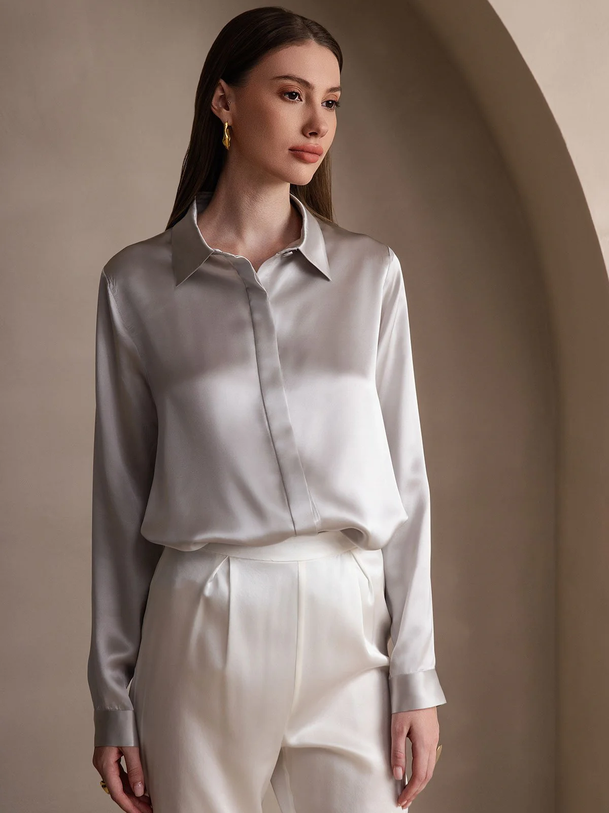19Momme Silk Long Sleeve Lapel Collar Women's Shirt - Image 3
