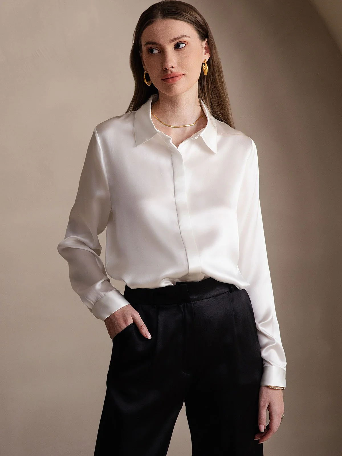 19Momme Silk Long Sleeve Lapel Collar Women's Shirt - Image 30