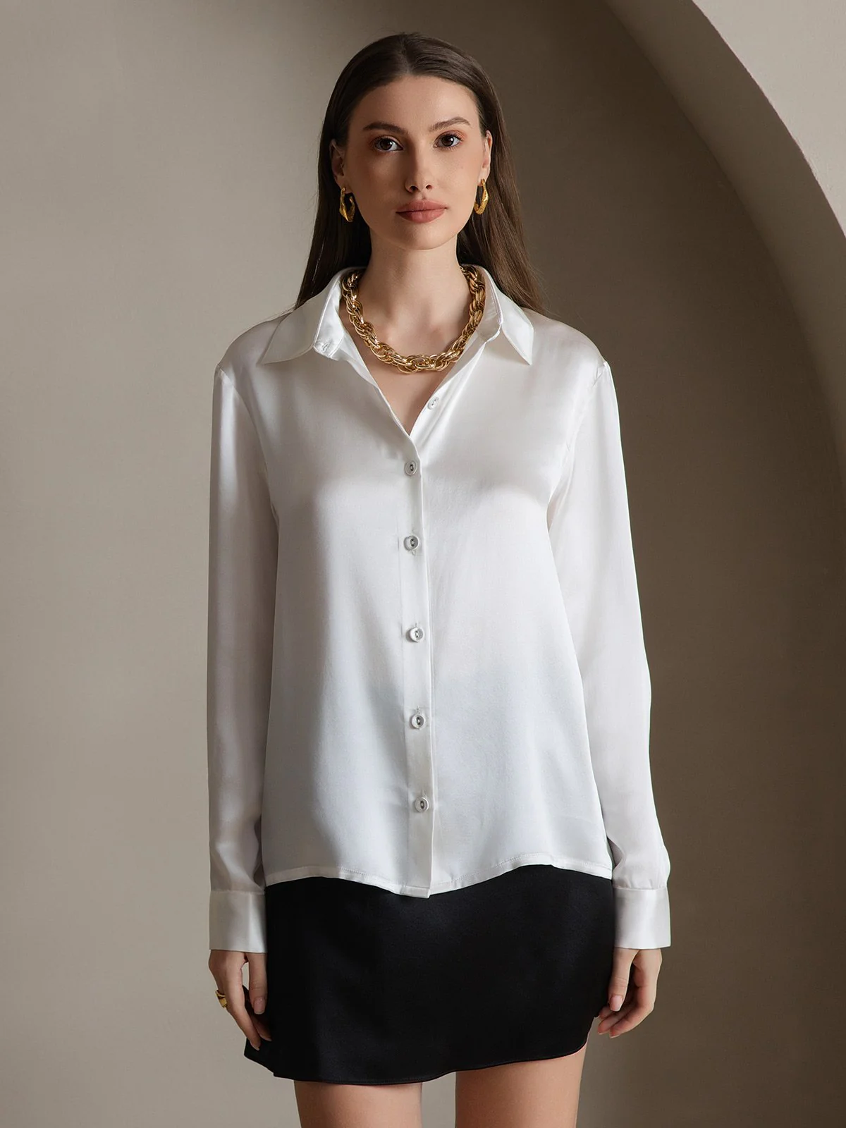 19Momme Silk Long Sleeve Lapel Collar Women's Shirt - Image 31