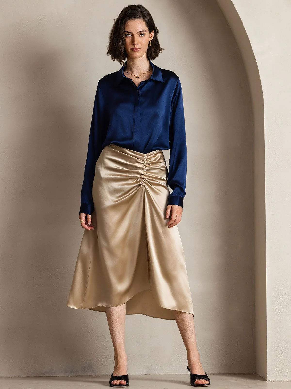 19Momme Silk Long Sleeve Lapel Collar Women's Shirt - Image 33