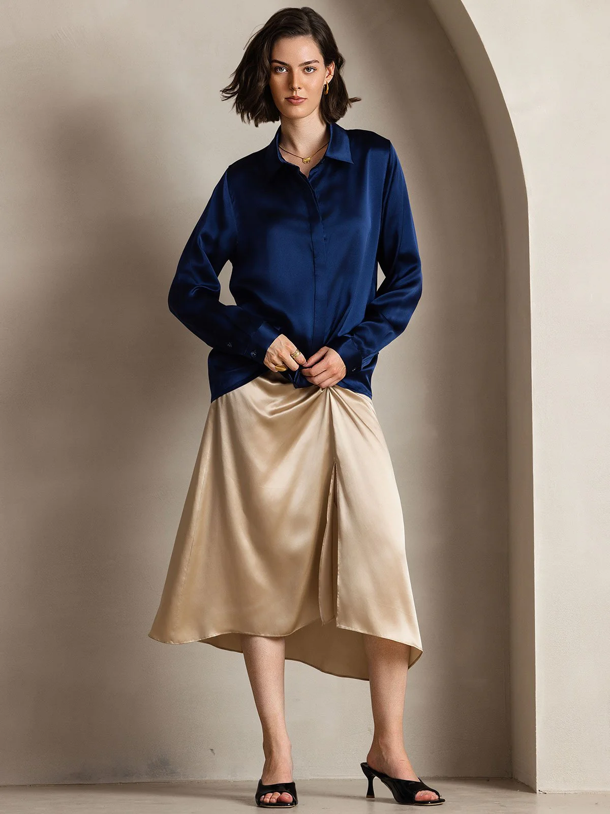 19Momme Silk Long Sleeve Lapel Collar Women's Shirt - Image 35