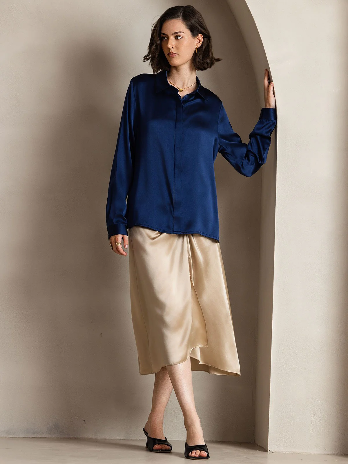 19Momme Silk Long Sleeve Lapel Collar Women's Shirt - Image 37