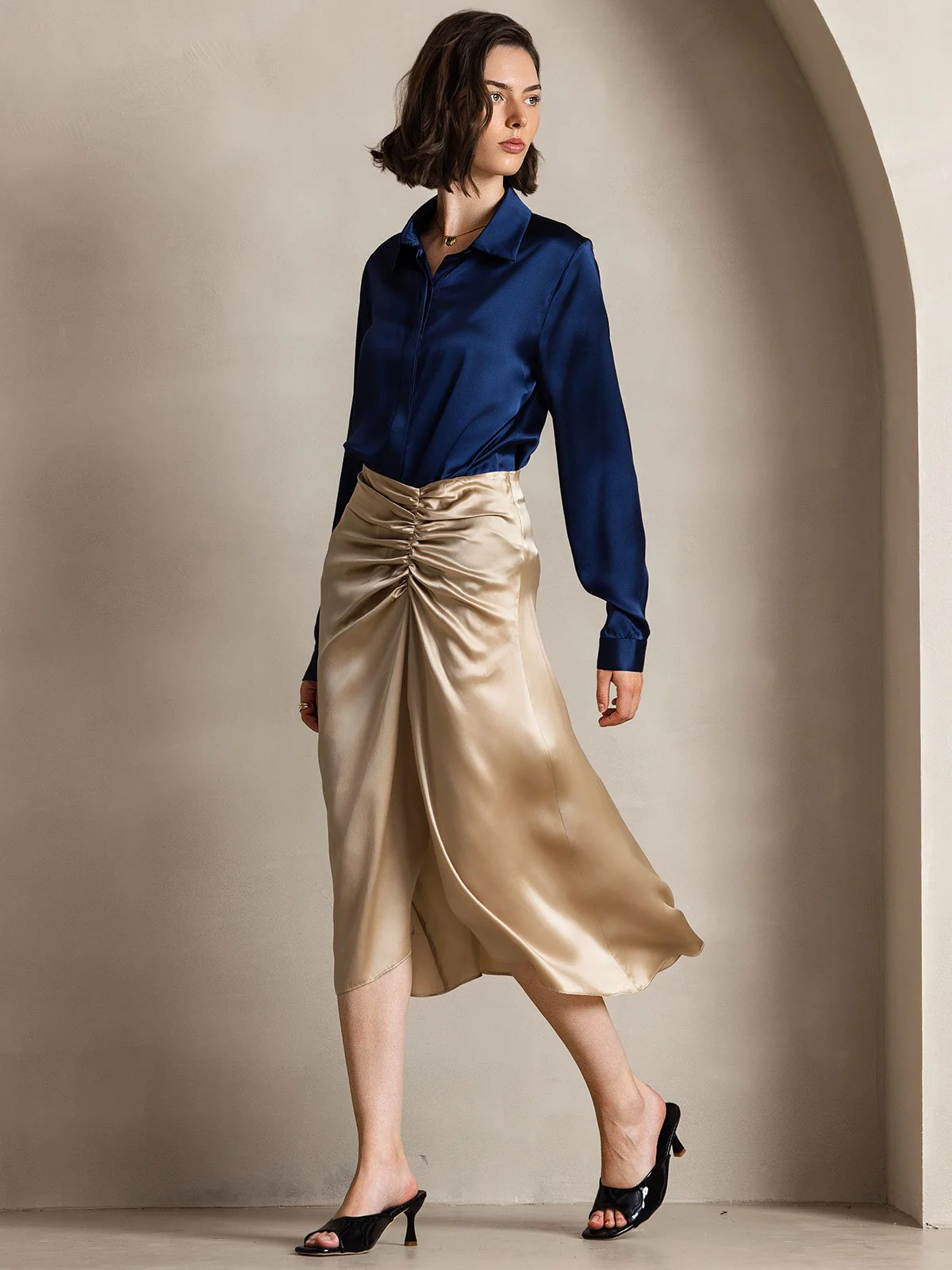 19Momme Silk Long Sleeve Lapel Collar Women's Shirt - Image 38