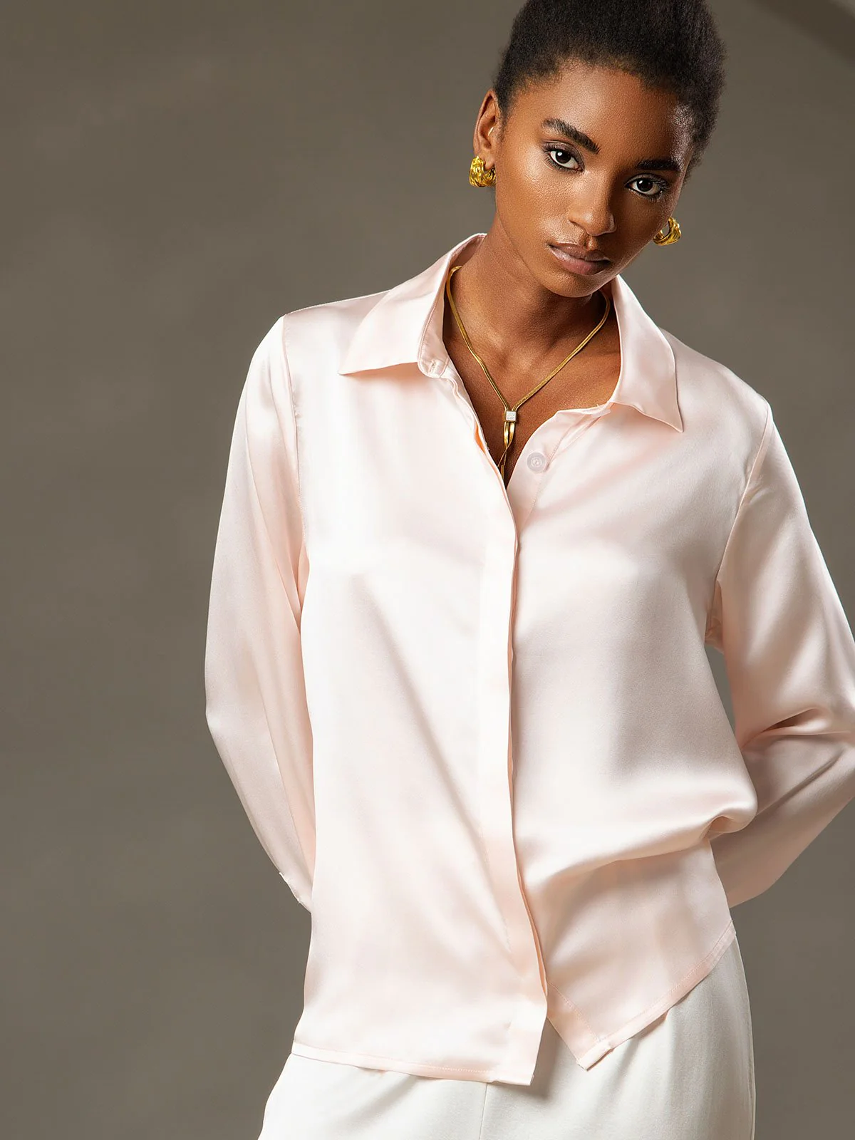 19Momme Silk Long Sleeve Lapel Collar Women's Shirt - Image 42