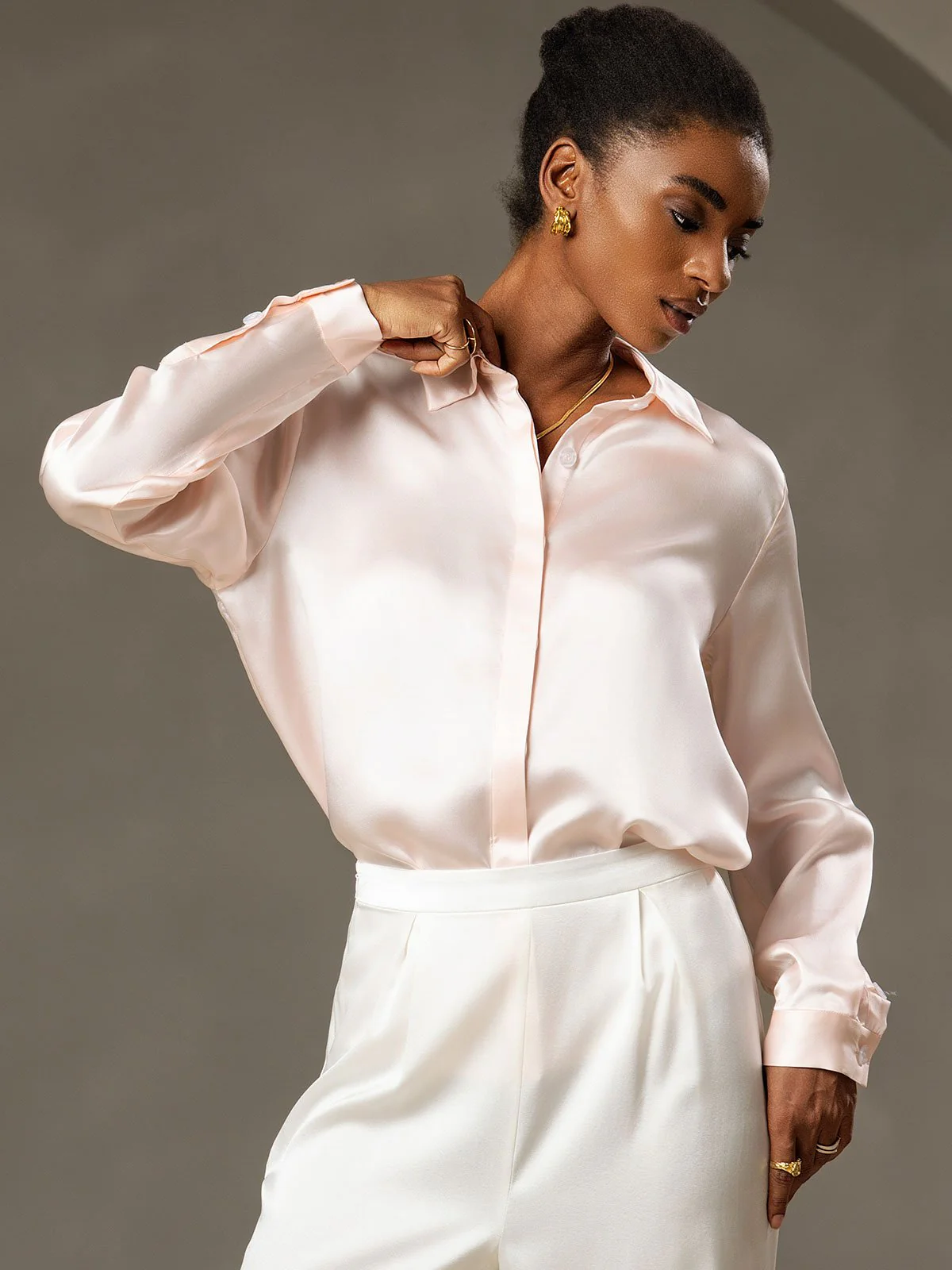 19Momme Silk Long Sleeve Lapel Collar Women's Shirt - Image 43