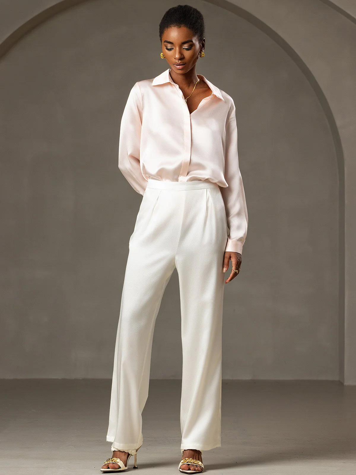 19Momme Silk Long Sleeve Lapel Collar Women's Shirt - Image 44