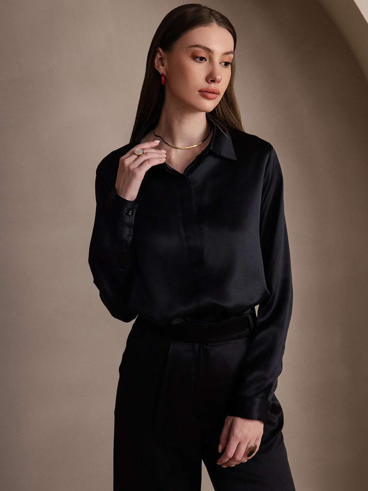 19Momme Silk Long Sleeve Lapel Collar Women's Shirt - Image 46