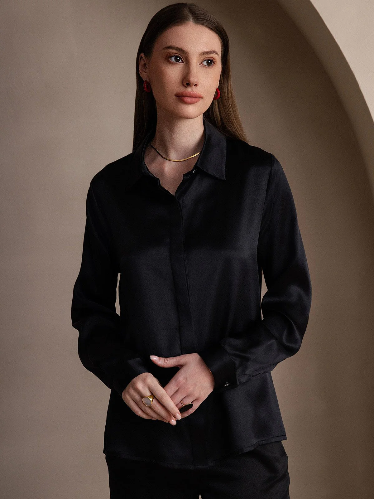 19Momme Silk Long Sleeve Lapel Collar Women's Shirt - Image 49