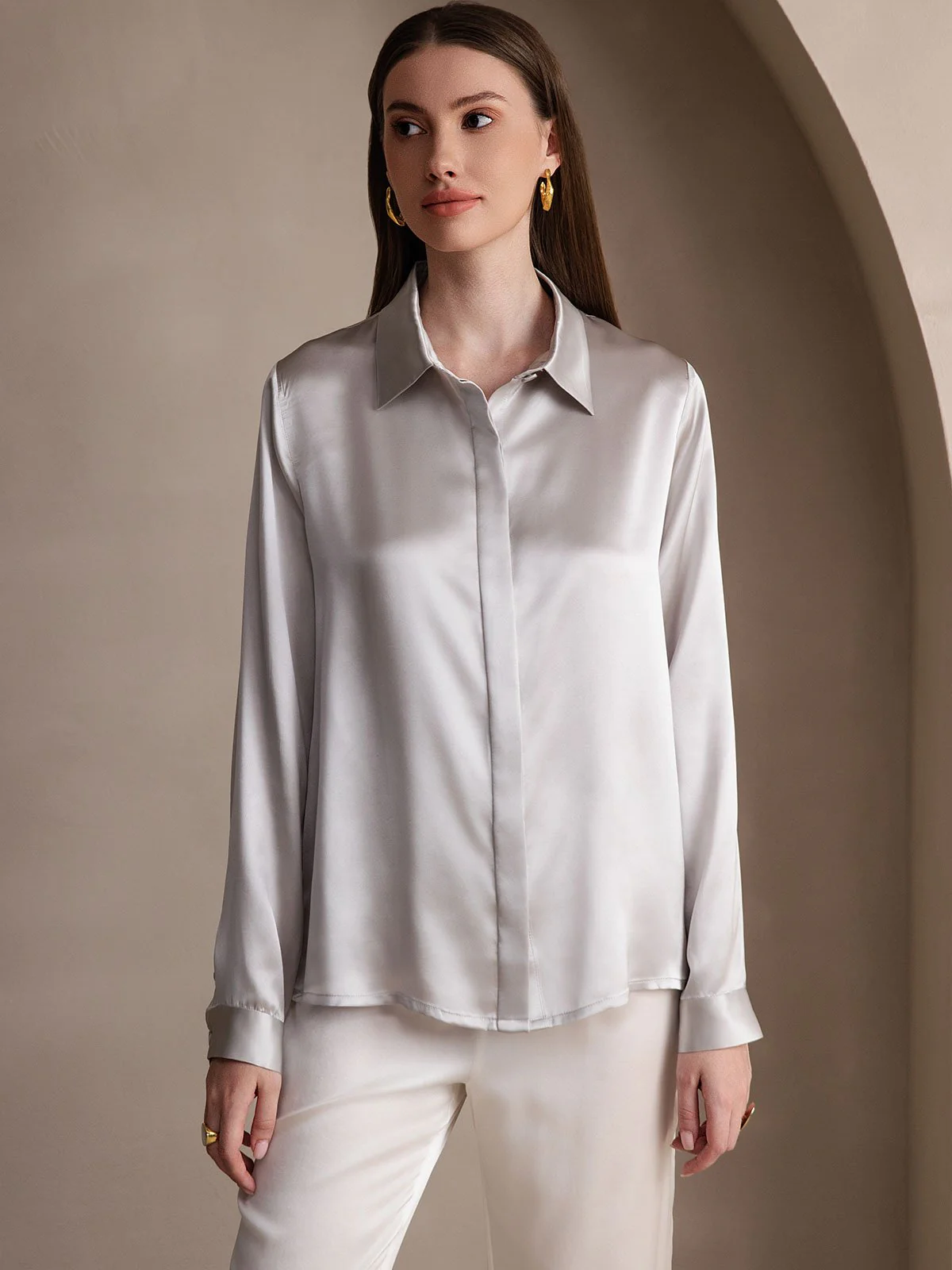 19Momme Silk Long Sleeve Lapel Collar Women's Shirt - Image 5