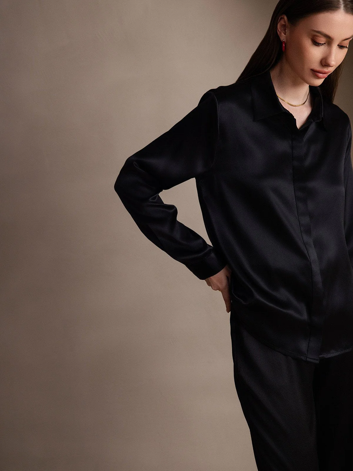 19Momme Silk Long Sleeve Lapel Collar Women's Shirt - Image 50