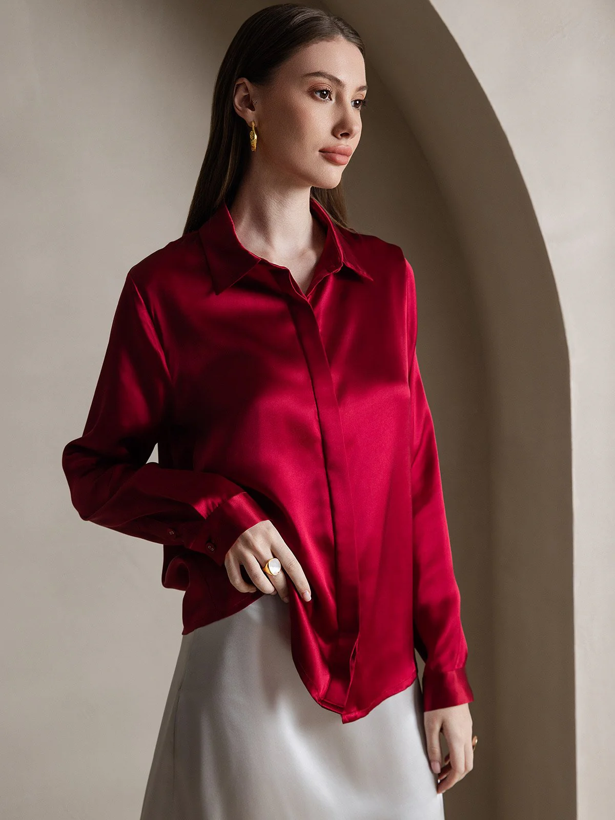 19Momme Silk Long Sleeve Lapel Collar Women's Shirt - Image 53
