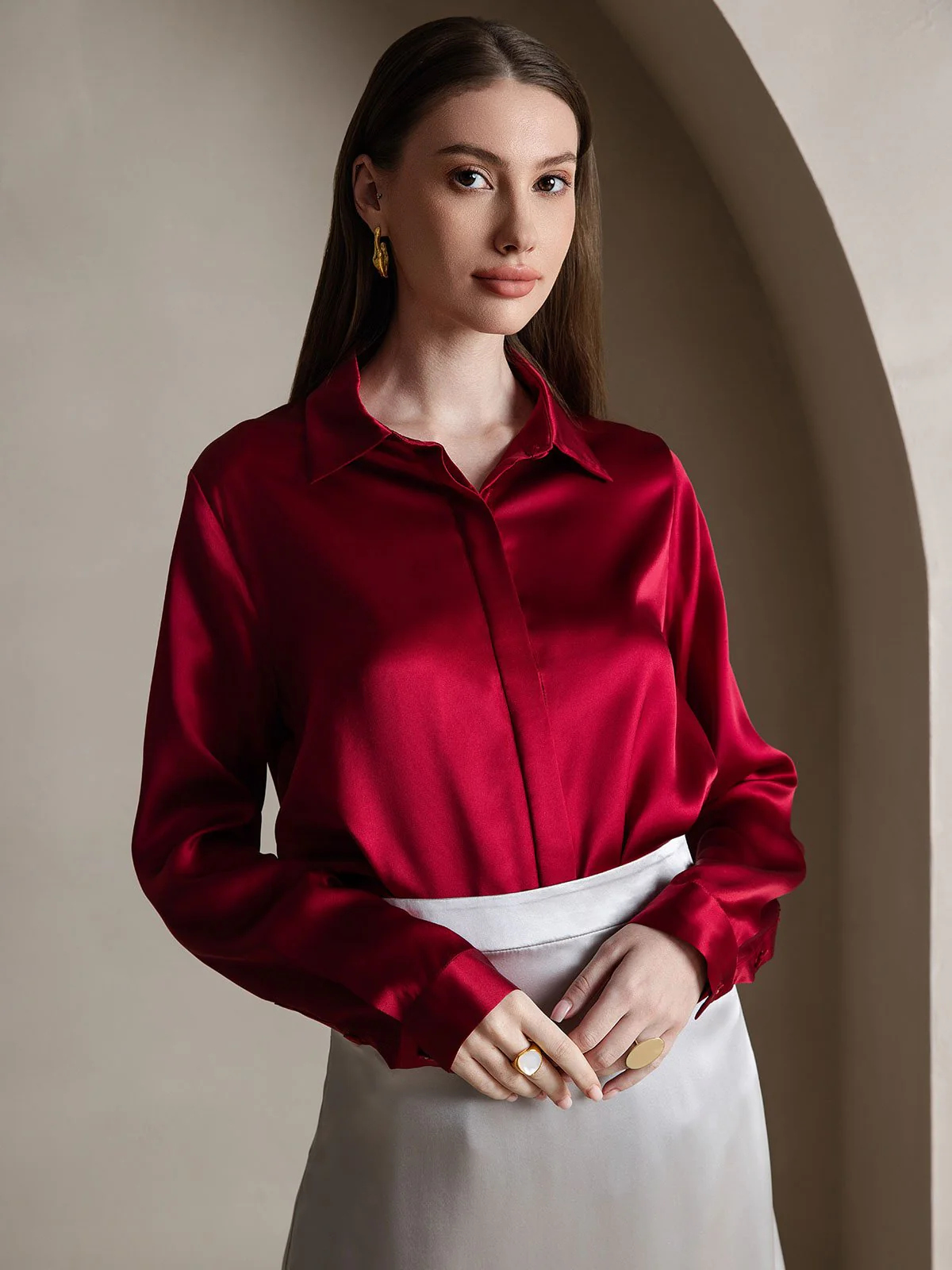 19Momme Silk Long Sleeve Lapel Collar Women's Shirt - Image 55