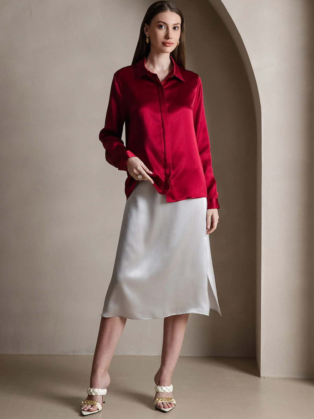 19Momme Silk Long Sleeve Lapel Collar Women's Shirt - Image 57