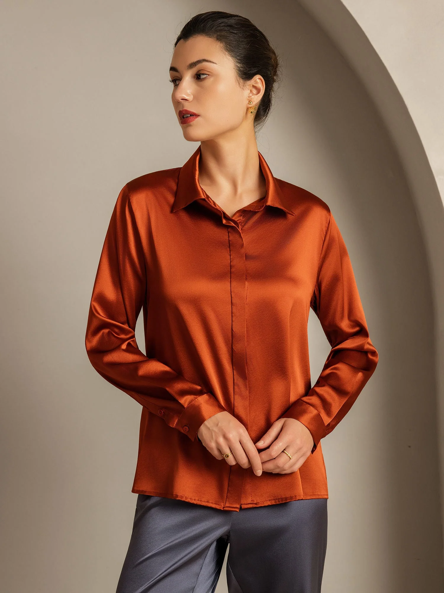 19Momme Silk Long Sleeve Lapel Collar Women's Shirt - Image 7