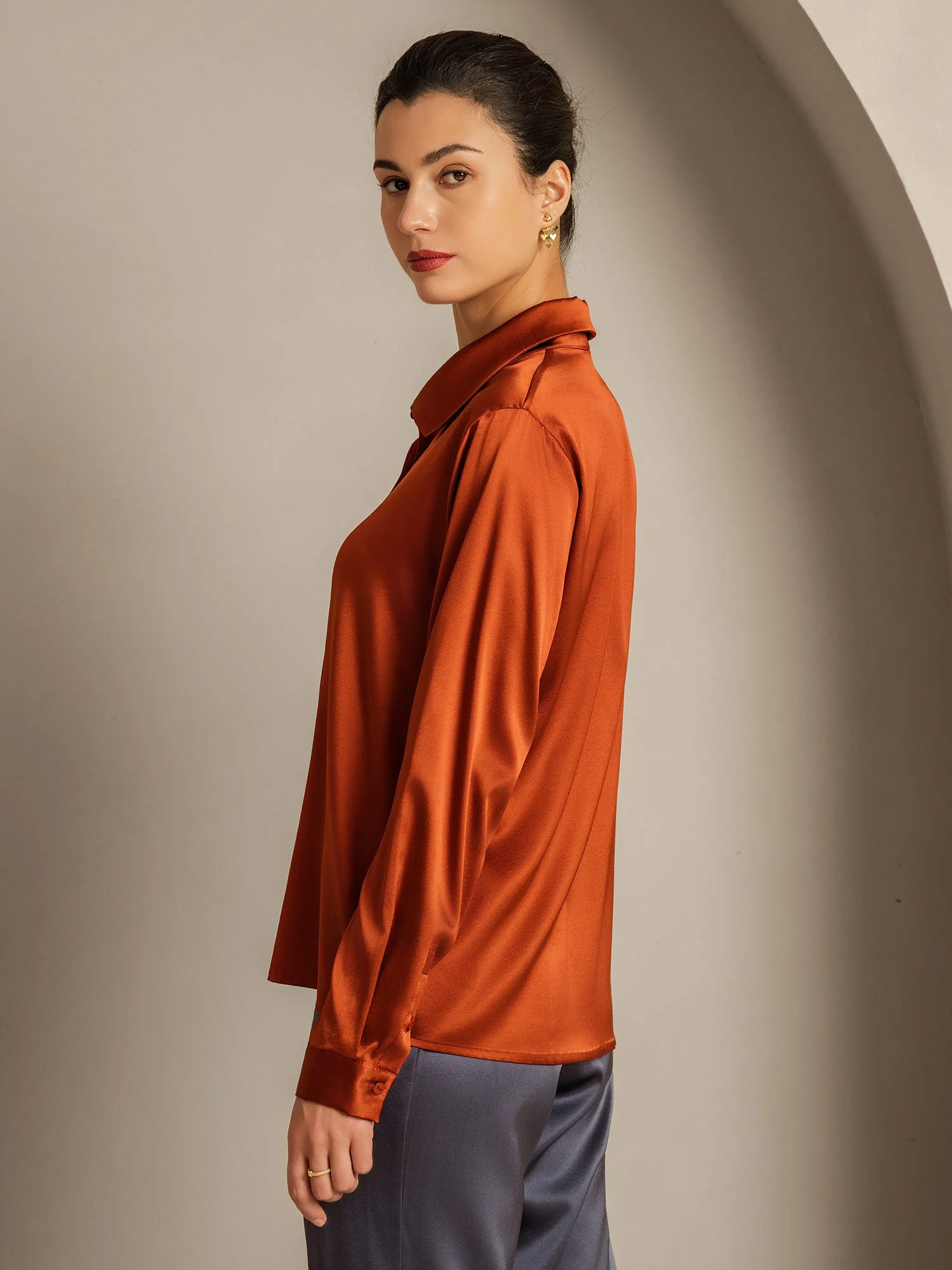 19Momme Silk Long Sleeve Lapel Collar Women's Shirt - Image 8