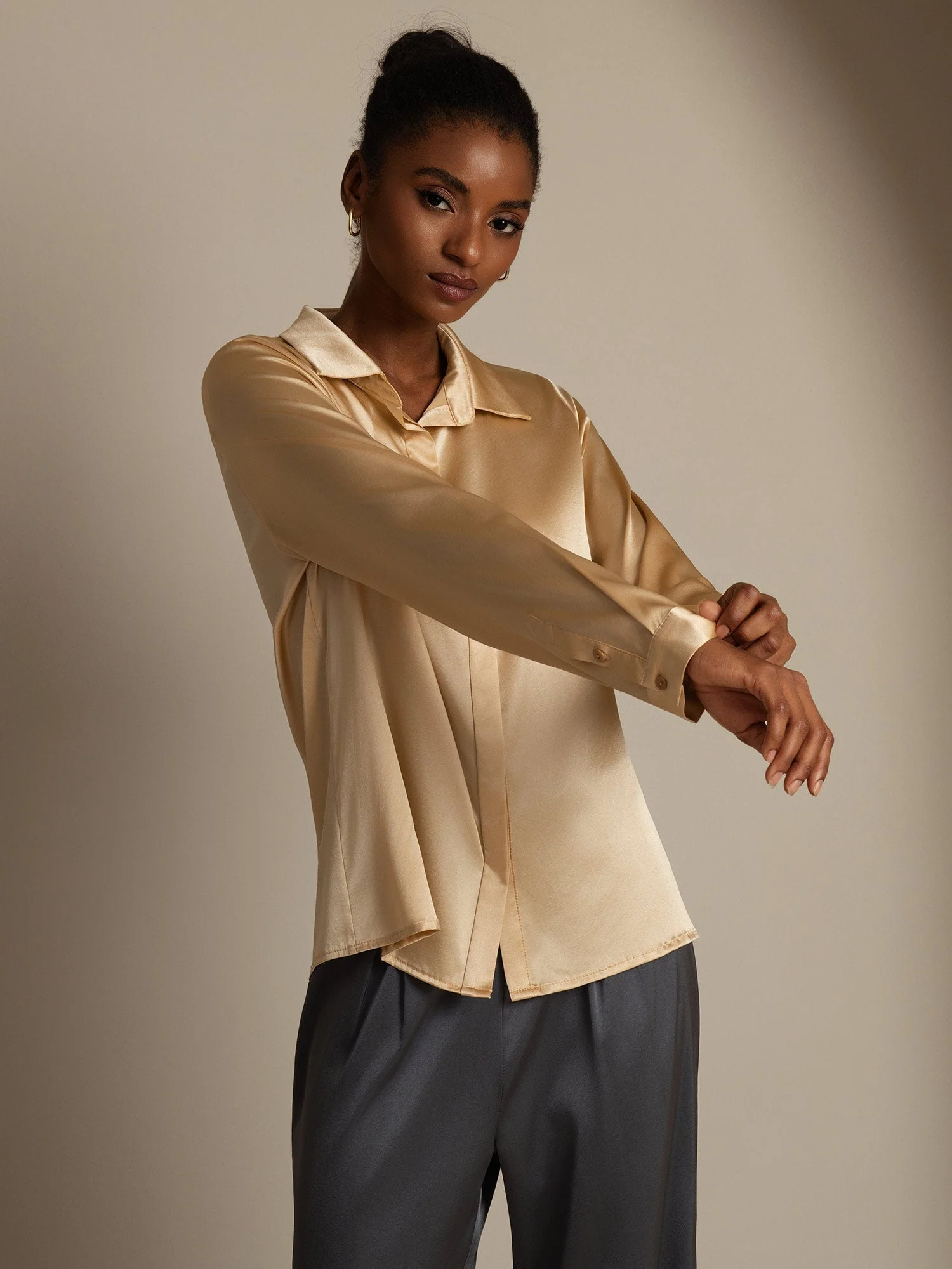 Clearance(Ships to UK Only) - 19Momme Silk Long Sleeve Lapel Collar Women's Shirt - Image 5