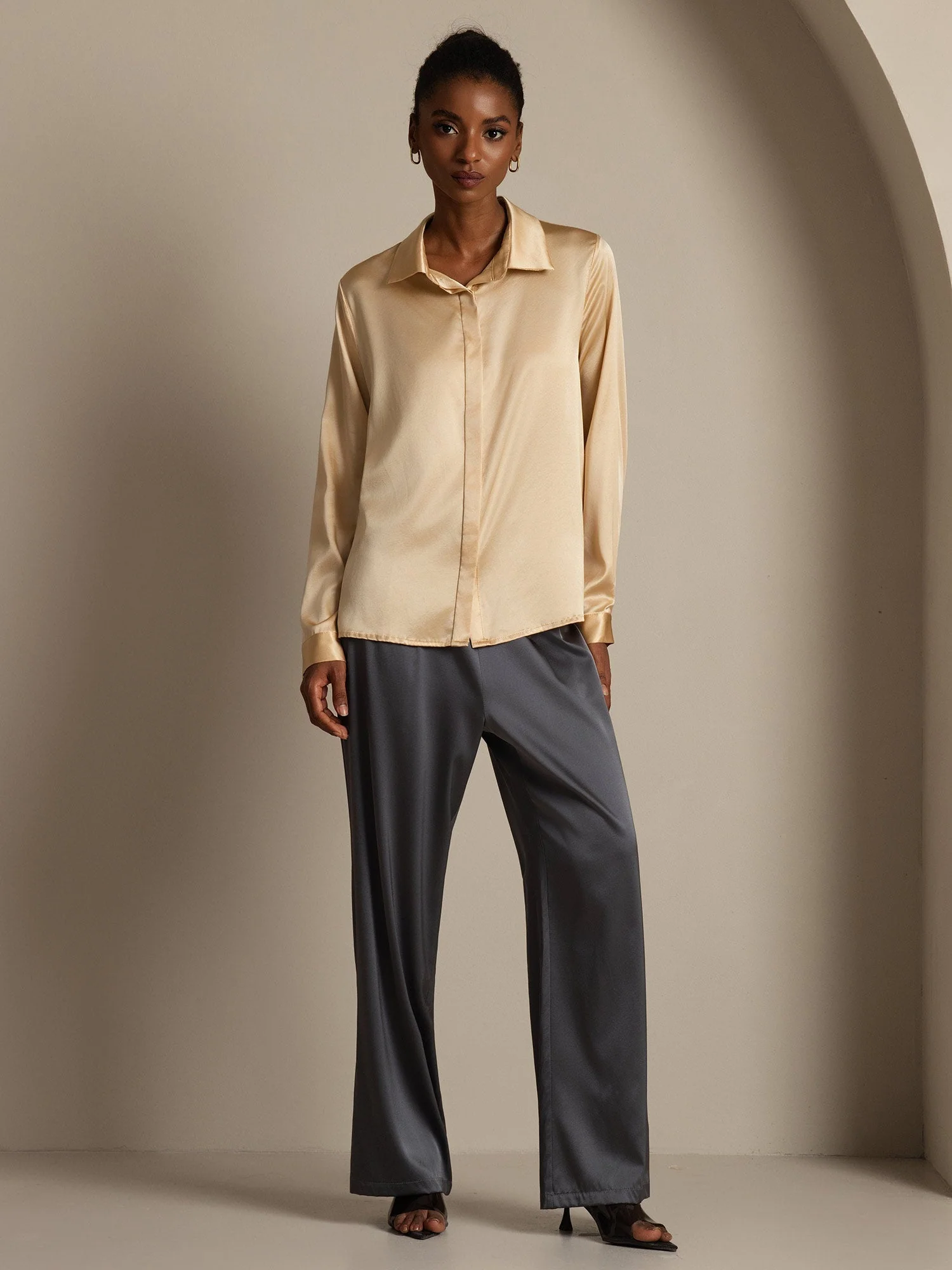 Clearance(Ships to UK Only) - 19Momme Silk Long Sleeve Lapel Collar Women's Shirt - Image 8