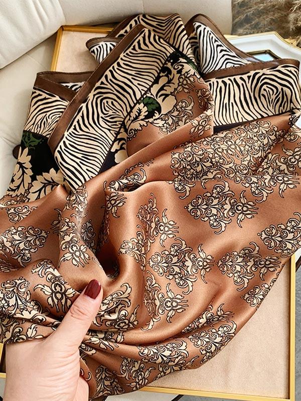 Brown Floral Silk Square Scarf 88x88cm - Image 3