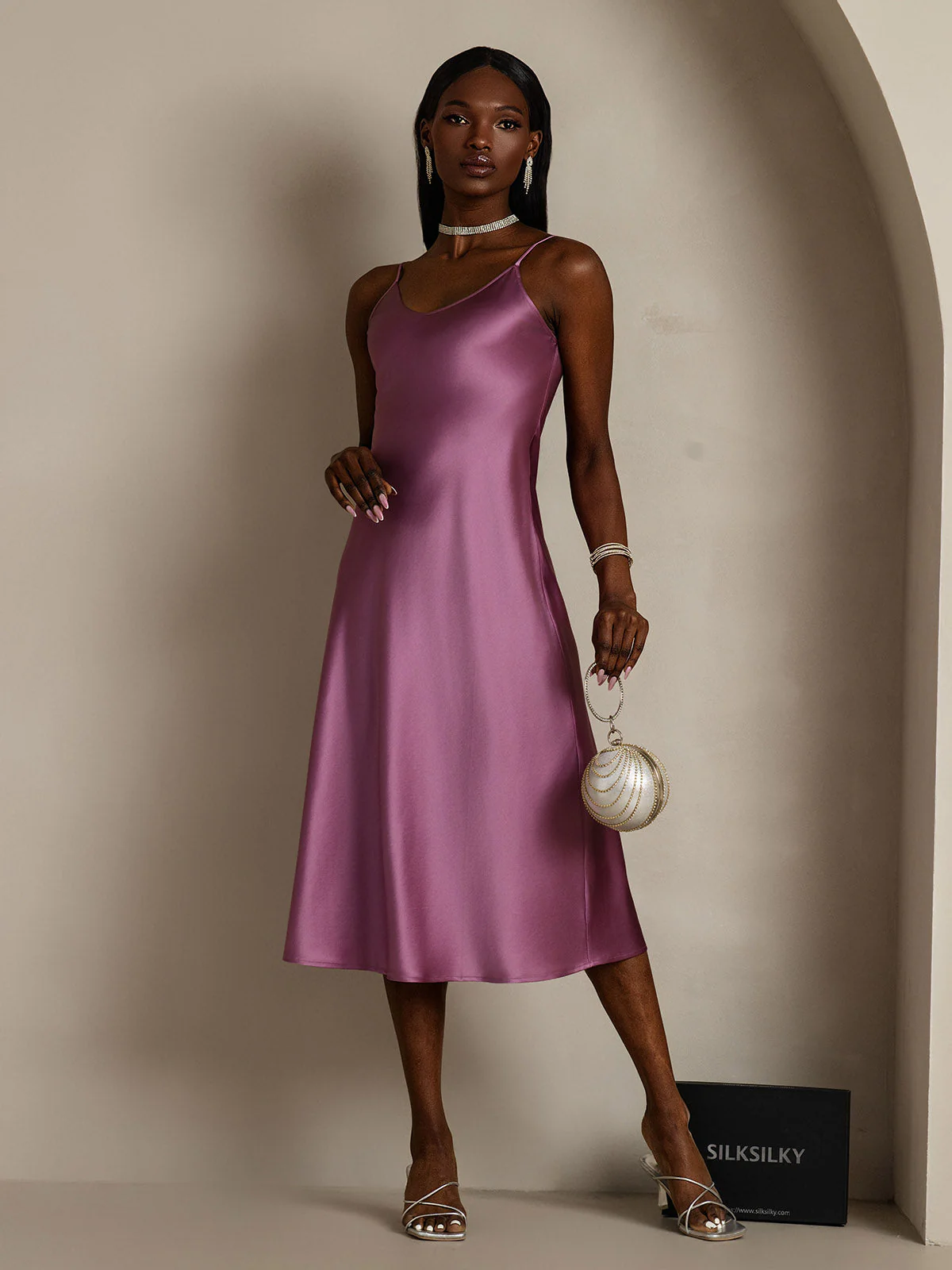 Pure Silk Spaghetti Strap V-neck Midi Nightdress - Image 19