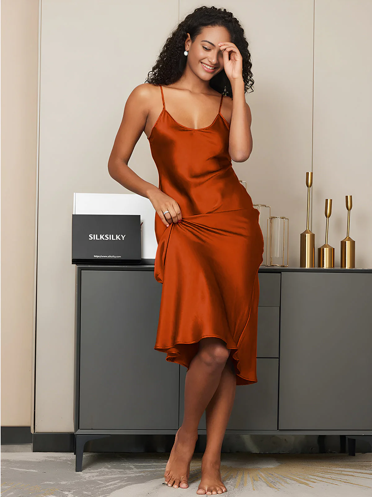 Pure Silk Spaghetti Strap V-neck Midi Nightdress - Image 22
