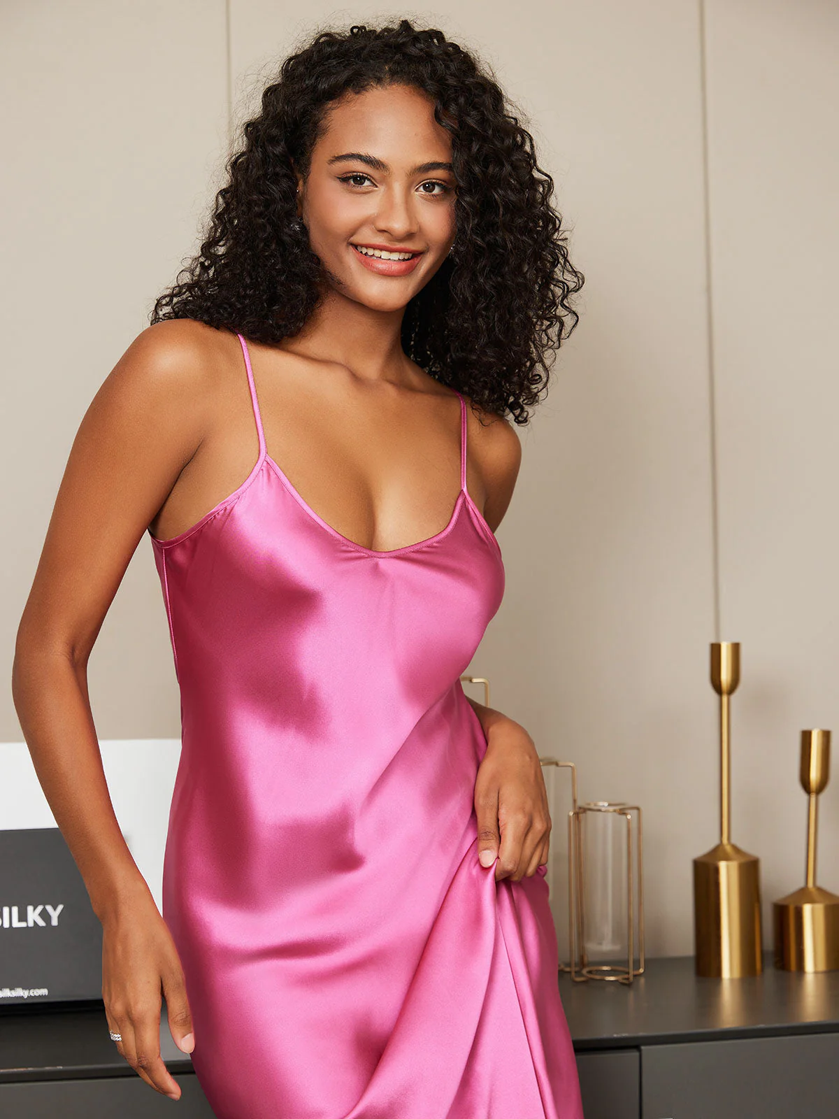 Pure Silk Spaghetti Strap V-neck Midi Nightdress - Image 75