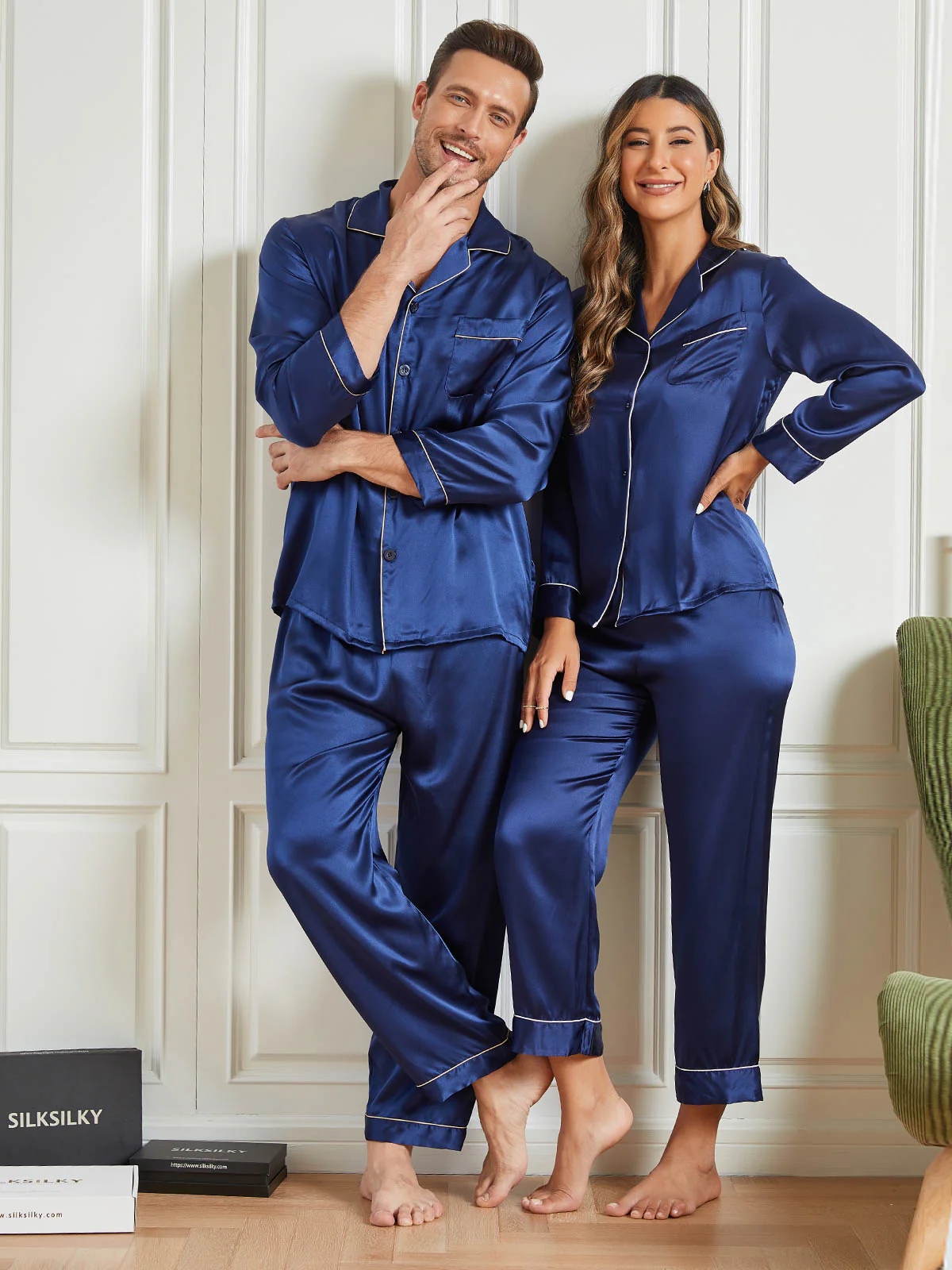 Couple Pure Silk Long Pyjama Sets Total 4Pcs - Image 10