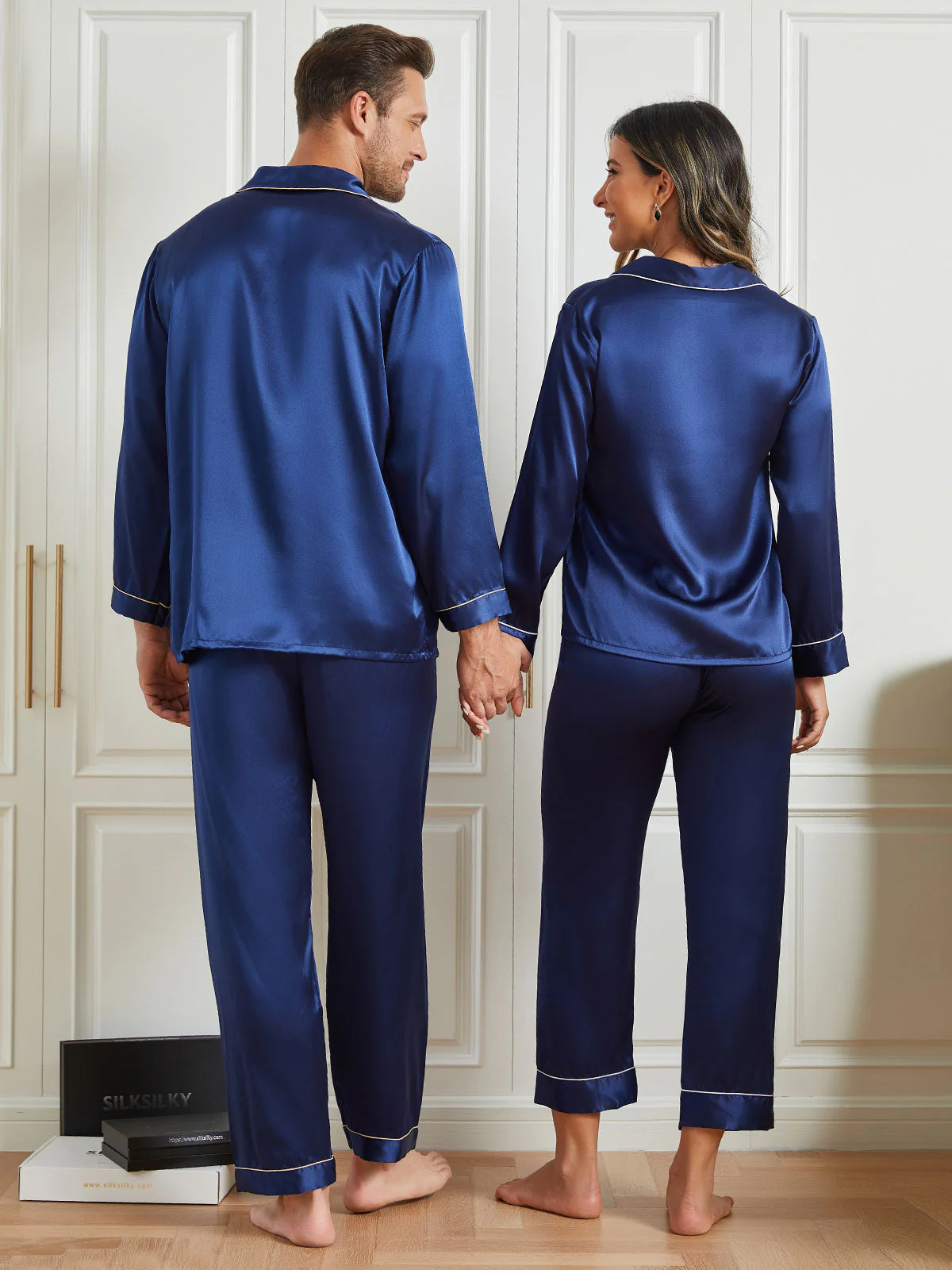 Couple Pure Silk Long Pyjama Sets Total 4Pcs - Image 11