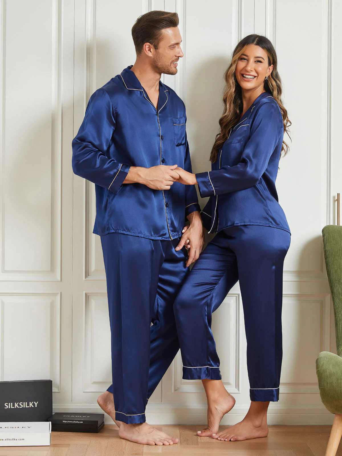 Couple Pure Silk Long Pyjama Sets Total 4Pcs - Image 12