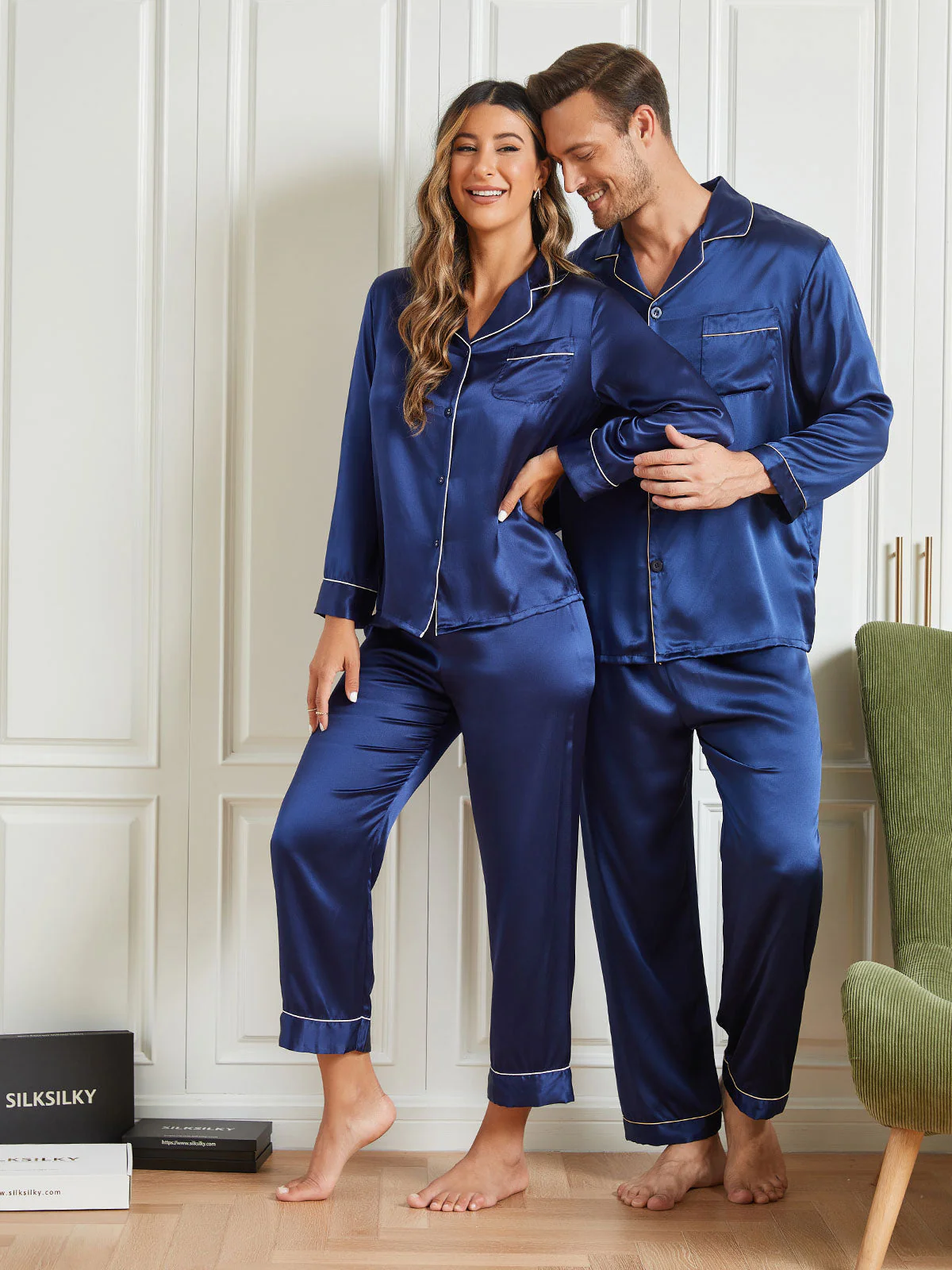Couple Pure Silk Long Pyjama Sets Total 4Pcs - Image 13