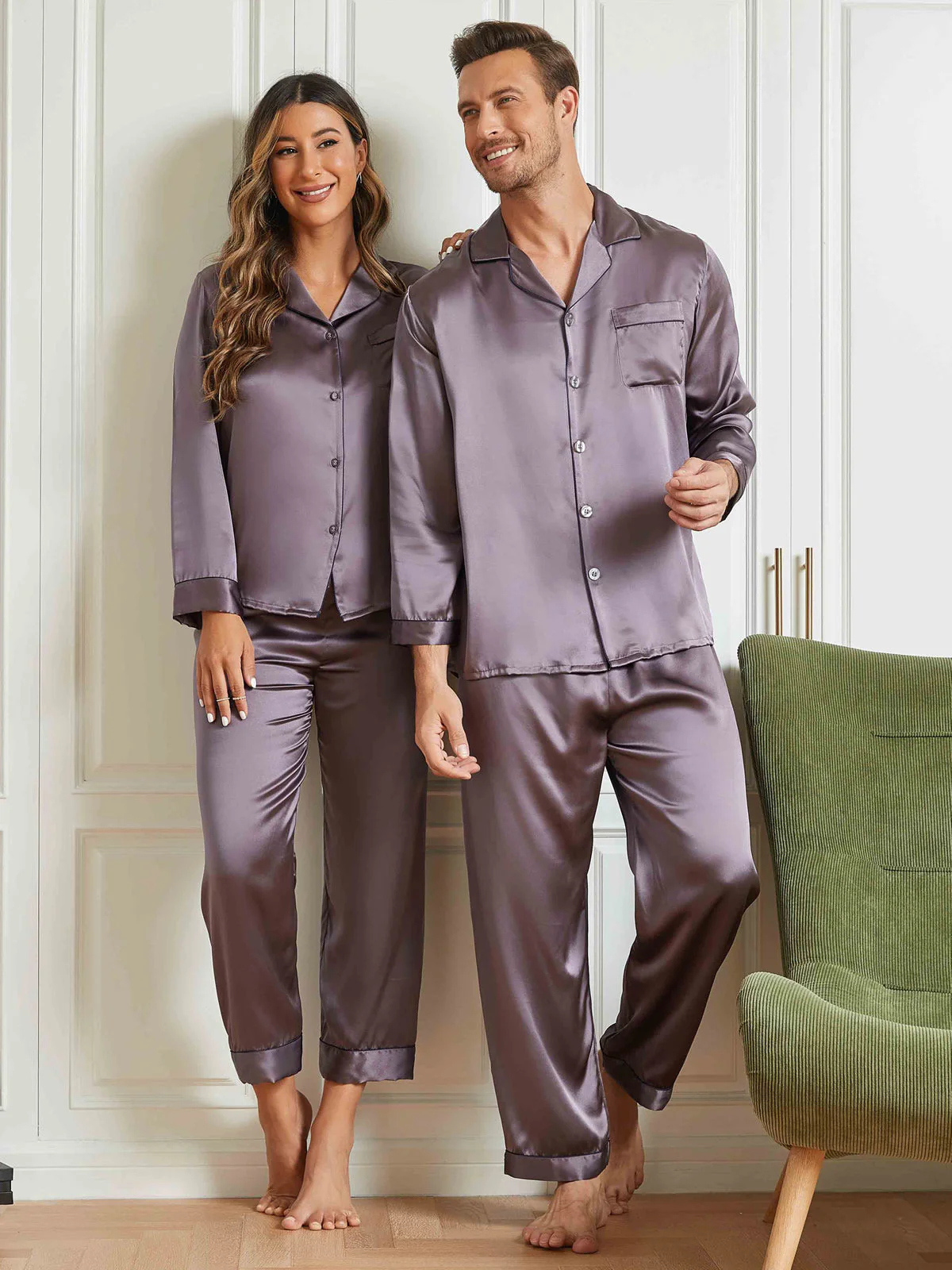 Couple Pure Silk Long Pyjama Sets Total 4Pcs - Image 15