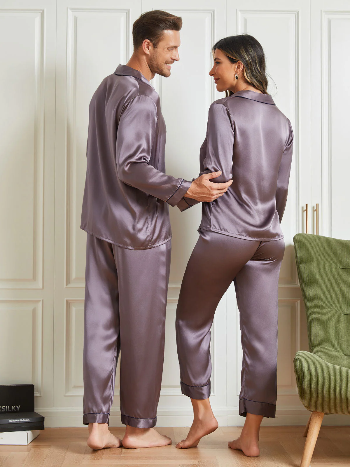 Couple Pure Silk Long Pyjama Sets Total 4Pcs - Image 16