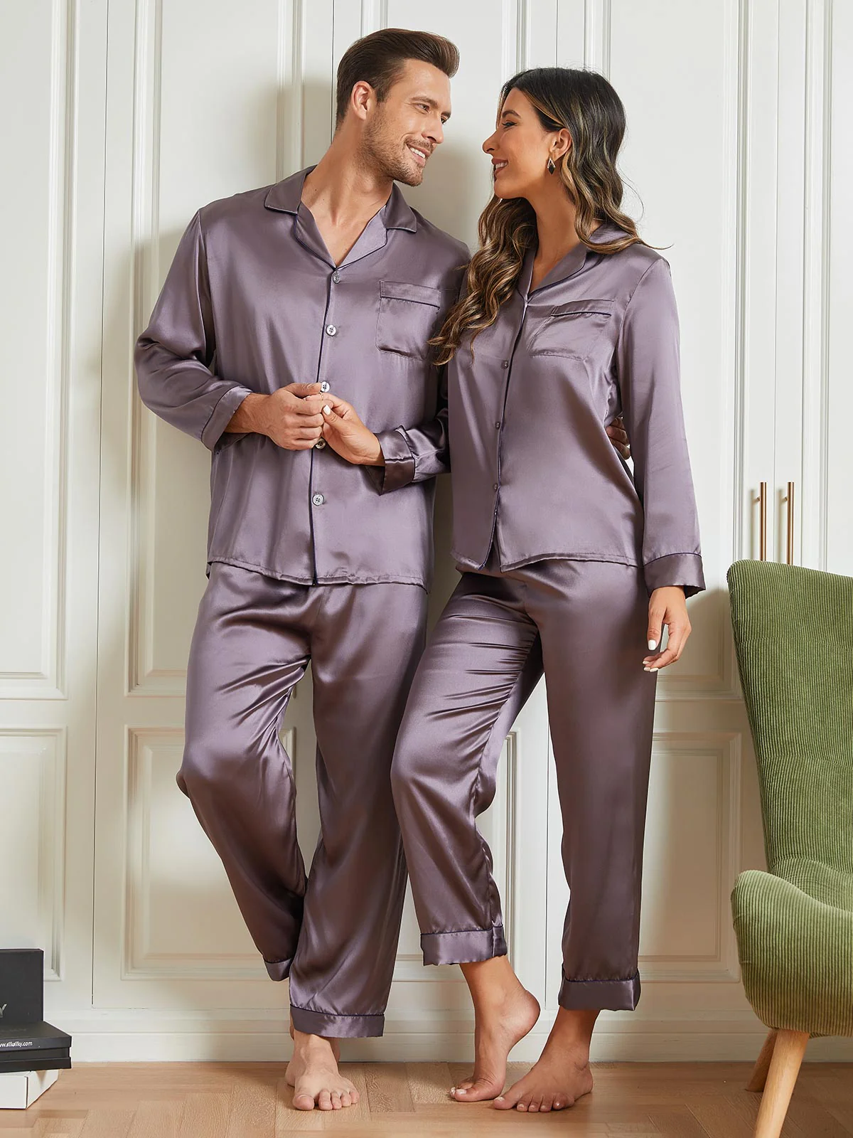 Couple Pure Silk Long Pyjama Sets Total 4Pcs - Image 17