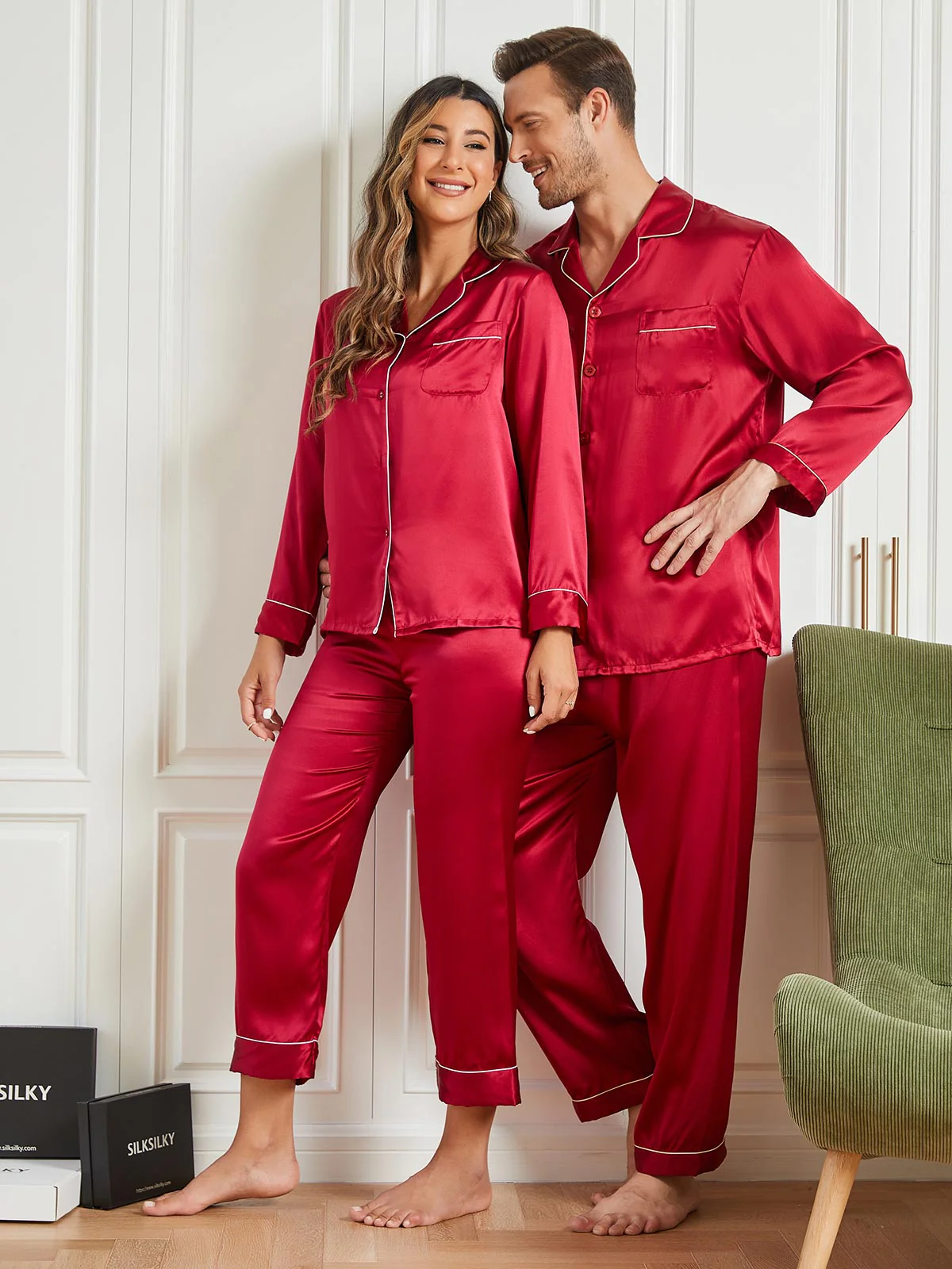 Couple Pure Silk Long Pyjama Sets Total 4Pcs - Image 3