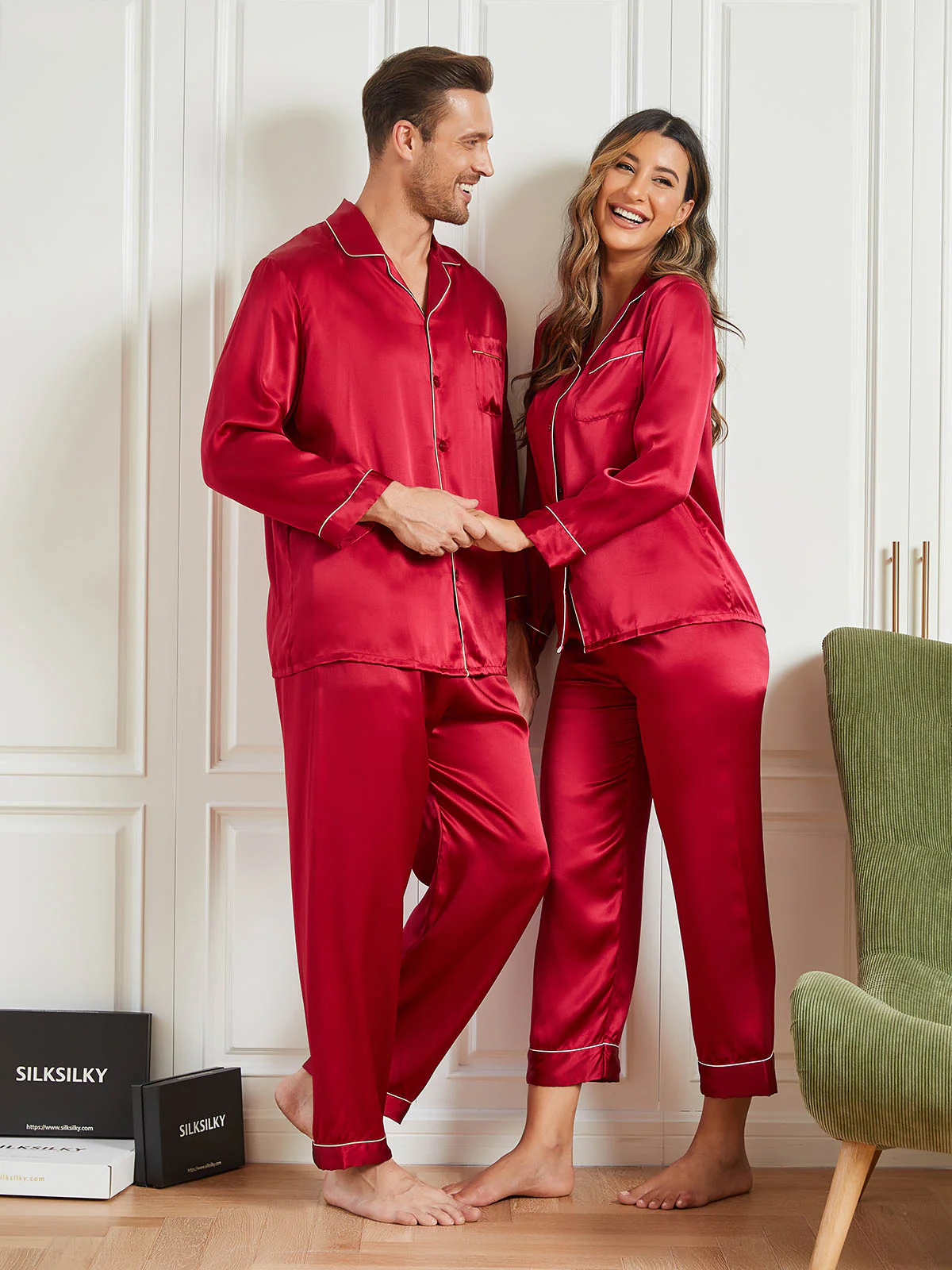 Couple Pure Silk Long Pyjama Sets Total 4Pcs - Image 4