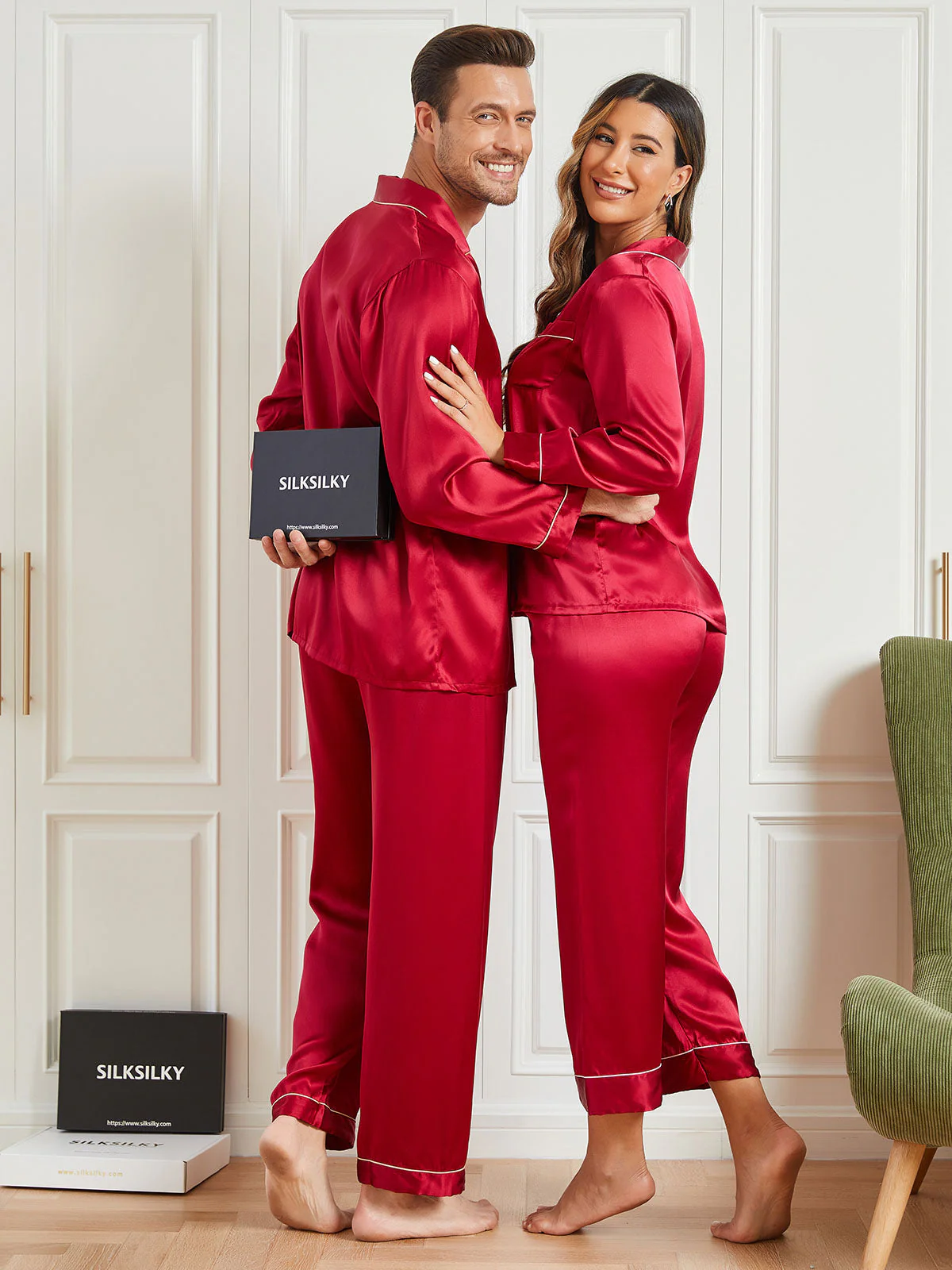 Couple Pure Silk Long Pyjama Sets Total 4Pcs - Image 5