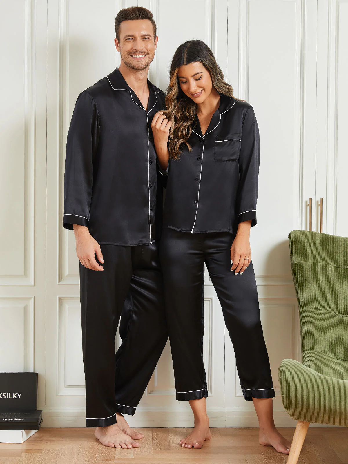 Couple Pure Silk Long Pyjama Sets Total 4Pcs - Image 8