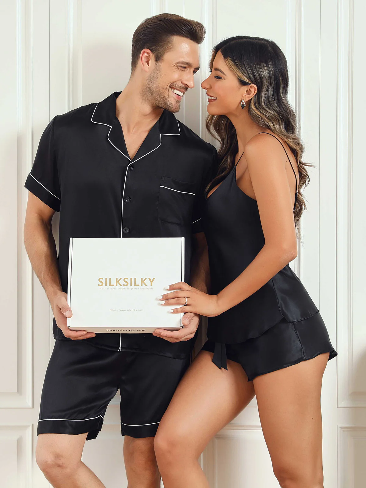 Couple Pure Silk Short Pyjama Sets Total 4Pcs - Image 10
