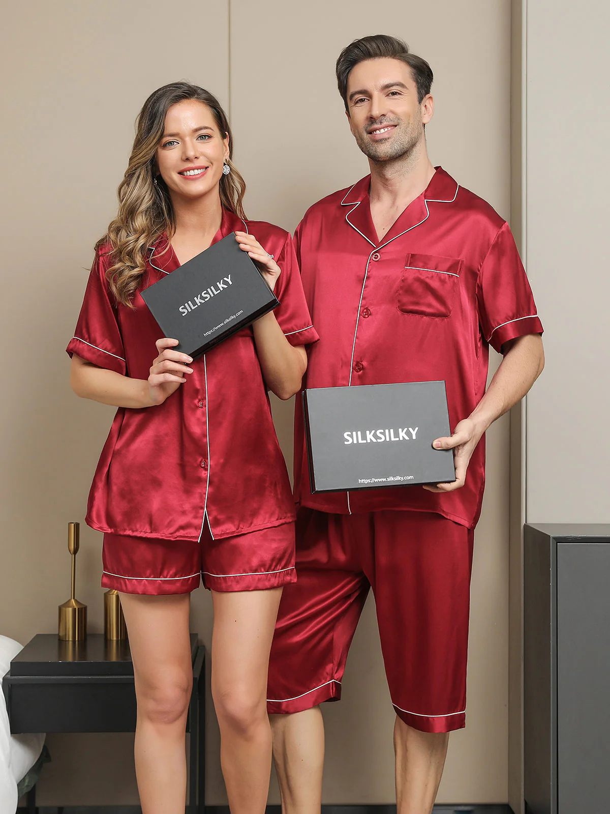 Couple Pure Silk Short Pyjama Sets Total 4Pcs - Image 125